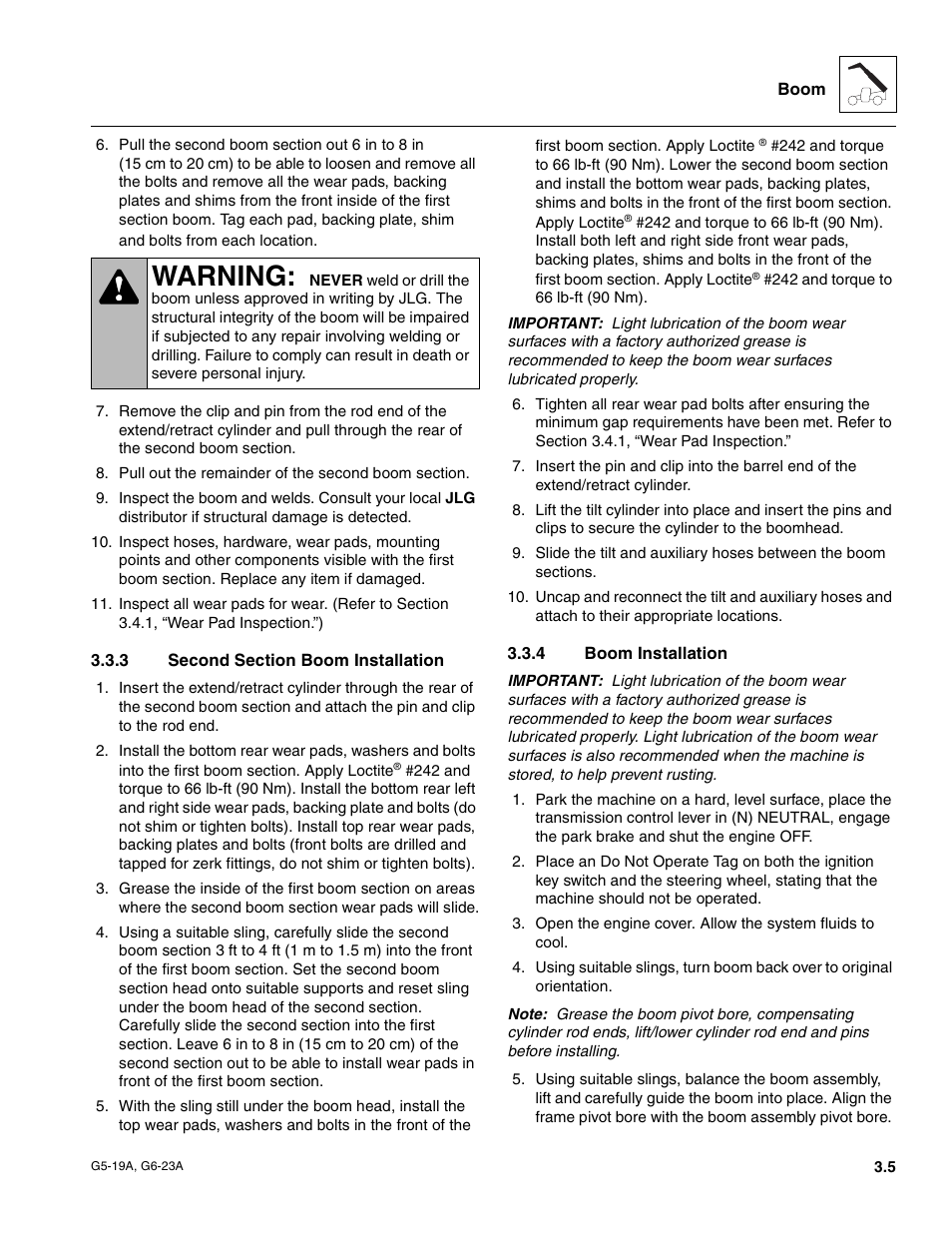 3 second section boom installation, 4 boom installation, Second section boom installation | Boom installation, Warning | JLG G6-23A Service Manual User Manual | Page 27 / 122