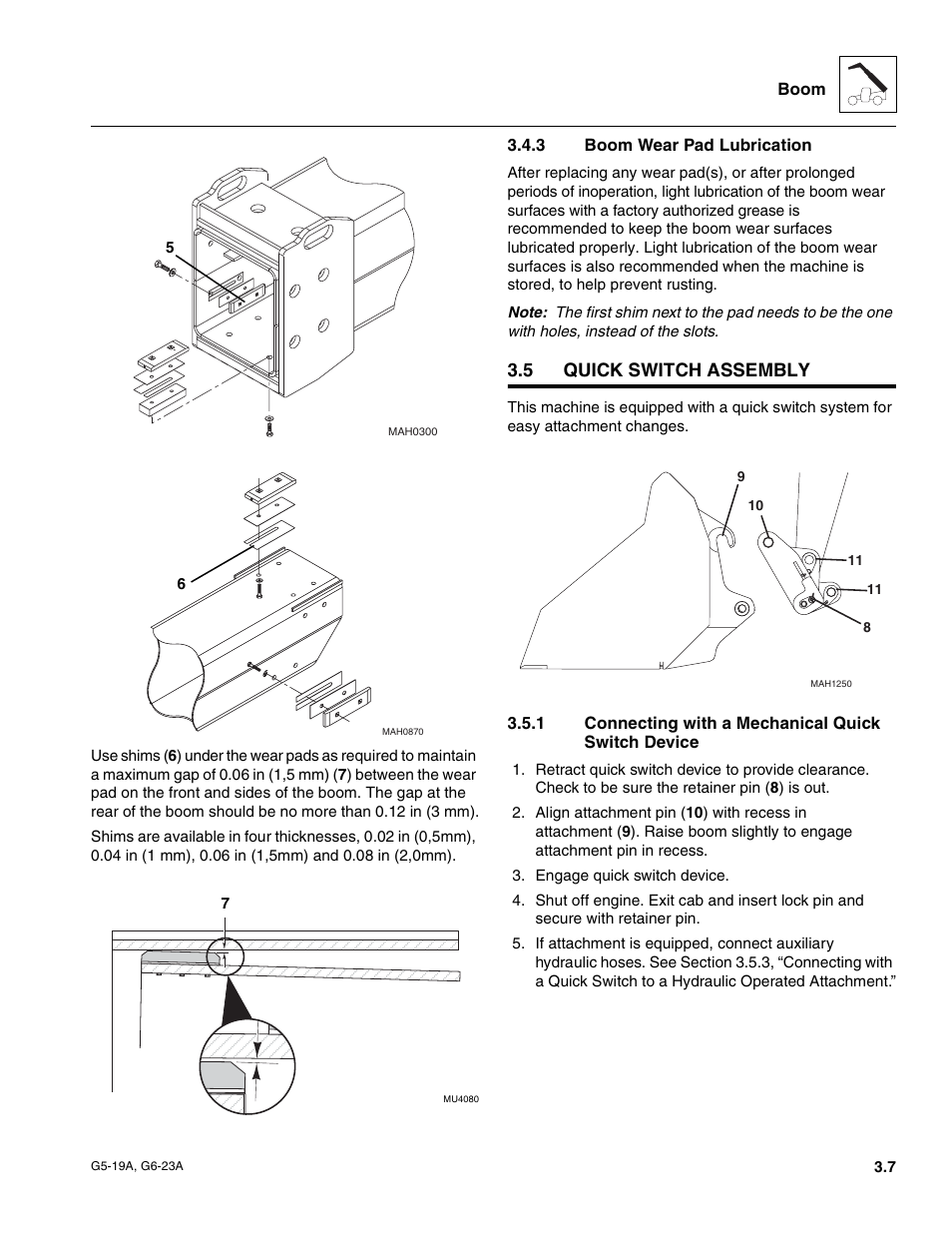 3 boom wear pad lubrication, 5 quick switch assembly, 1 connecting with a mechanical quick switch device | Quick switch assembly, Boom wear pad lubrication, Connecting with a mechanical quick switch device | JLG G6-23A Service Manual User Manual | Page 29 / 122