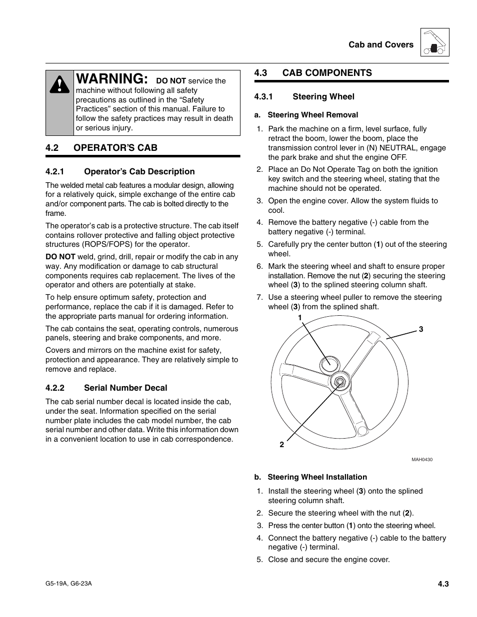 2 operator’s cab, 1 operator’s cab description, 2 serial number decal | 3 cab components, 1 steering wheel, Operator’s cab, Cab components, Operator’s cab description, Serial number decal, Steering wheel | JLG G6-23A Service Manual User Manual | Page 35 / 122