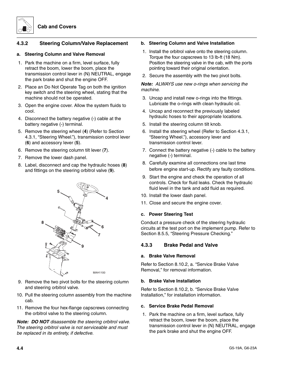 2 steering column/valve replacement, 3 brake pedal and valve, Steering column/valve replacement | Brake pedal and valve | JLG G6-23A Service Manual User Manual | Page 36 / 122