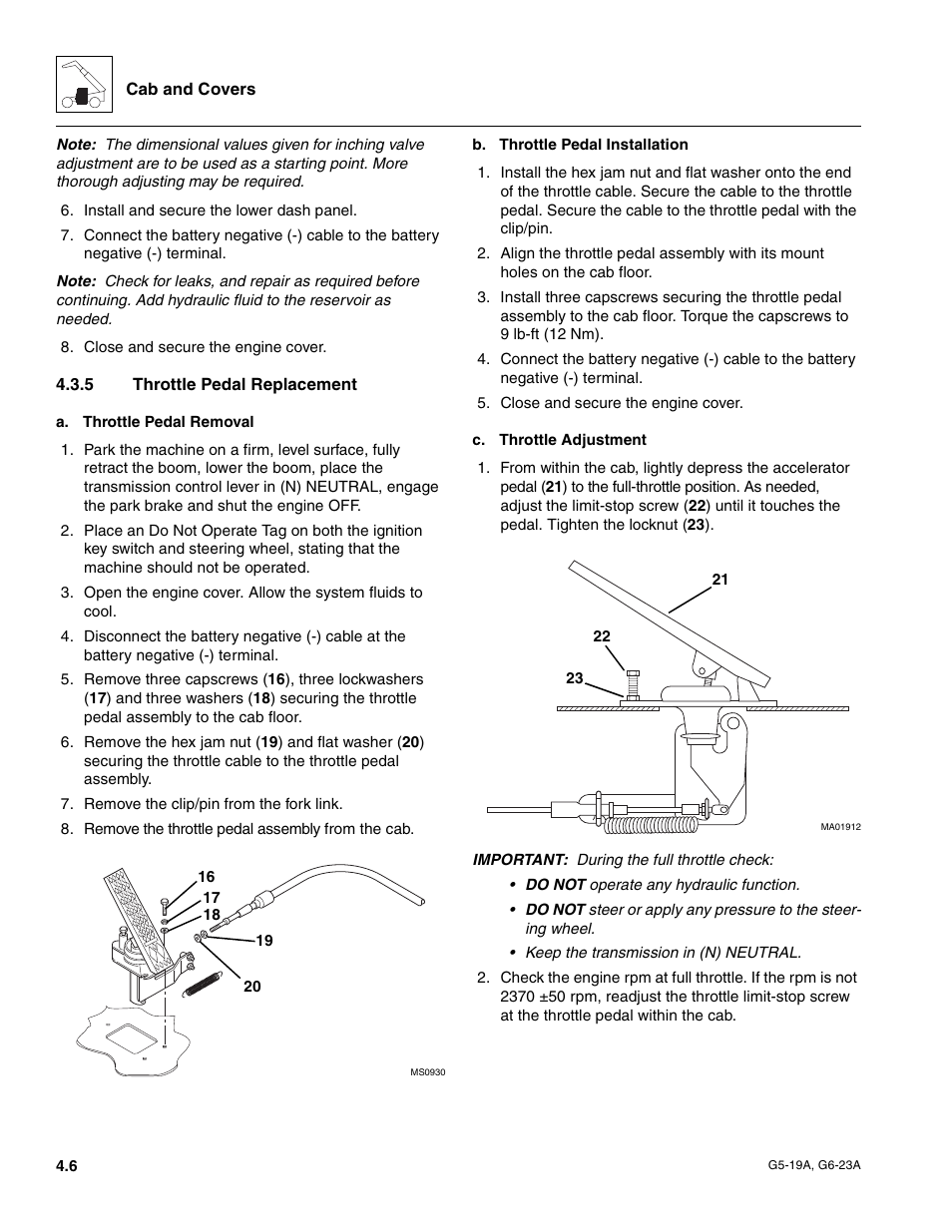5 throttle pedal replacement, Throttle pedal replacement | JLG G6-23A Service Manual User Manual | Page 38 / 122