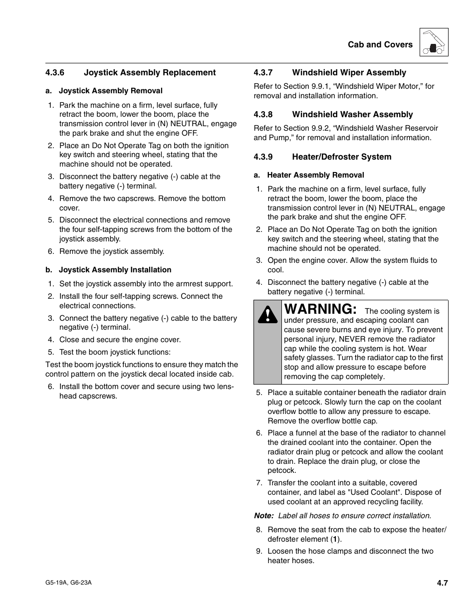 6 joystick assembly replacement, 7 windshield wiper assembly, 8 windshield washer assembly | 9 heater/defroster system, Joystick assembly replacement, Windshield wiper assembly, Windshield washer assembly, Heater/defroster system, Warning | JLG G6-23A Service Manual User Manual | Page 39 / 122