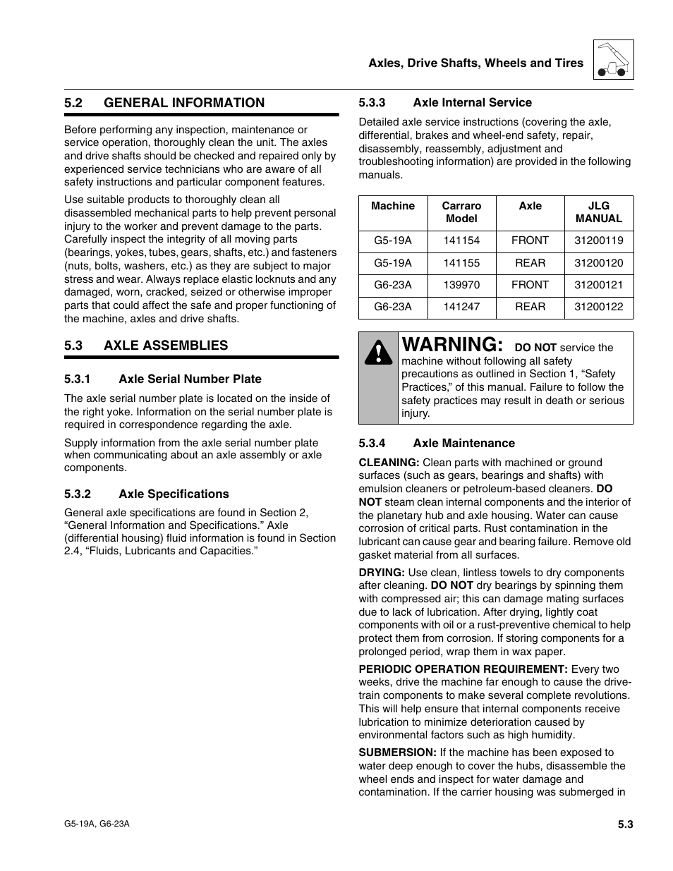 2 general information, 3 axle assemblies, 1 axle serial number plate | 2 axle specifications, 3 axle internal service, 4 axle maintenance, General information, Axle assemblies, Axle serial number plate, Axle specifications | JLG G6-23A Service Manual User Manual | Page 45 / 122