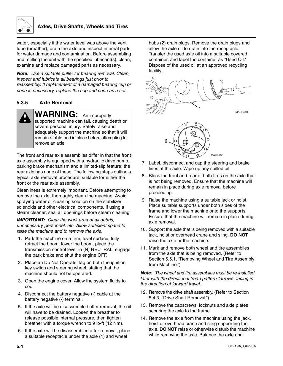 5 axle removal, Axle removal, Warning | JLG G6-23A Service Manual User Manual | Page 46 / 122