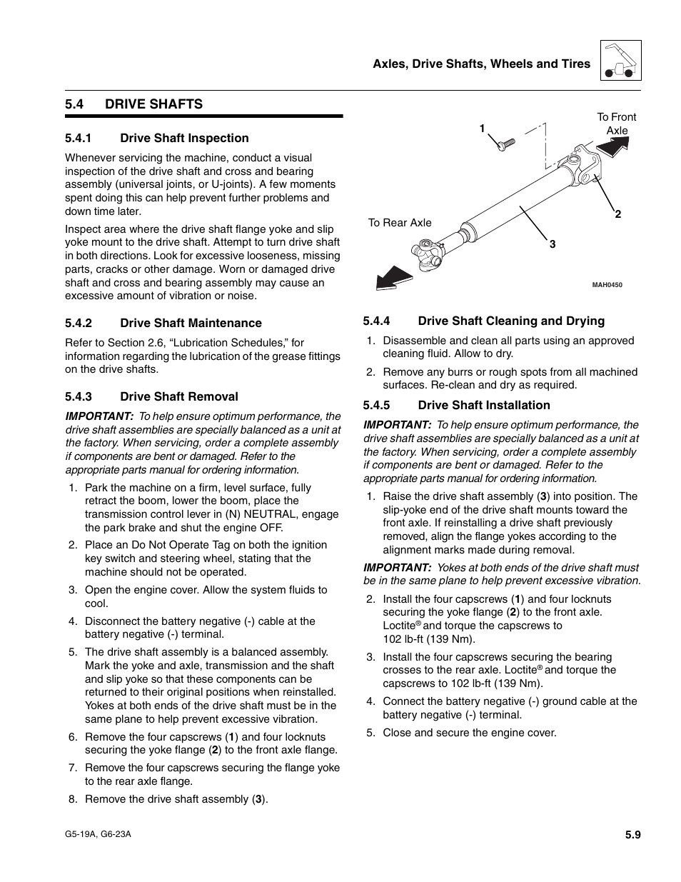 4 drive shafts, 1 drive shaft inspection, 2 drive shaft maintenance | 3 drive shaft removal, 4 drive shaft cleaning and drying, 5 drive shaft installation, Drive shafts, Drive shaft inspection, Drive shaft maintenance, Drive shaft removal | JLG G6-23A Service Manual User Manual | Page 51 / 122