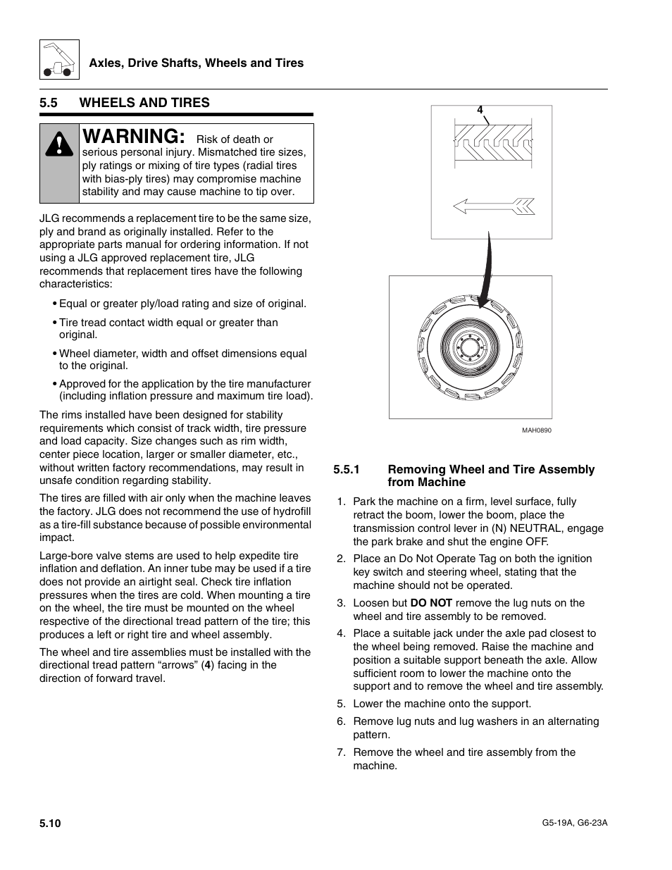 5 wheels and tires, 1 removing wheel and tire assembly from machine, Wheels and tires | Removing wheel and tire assembly from machine, Warning | JLG G6-23A Service Manual User Manual | Page 52 / 122