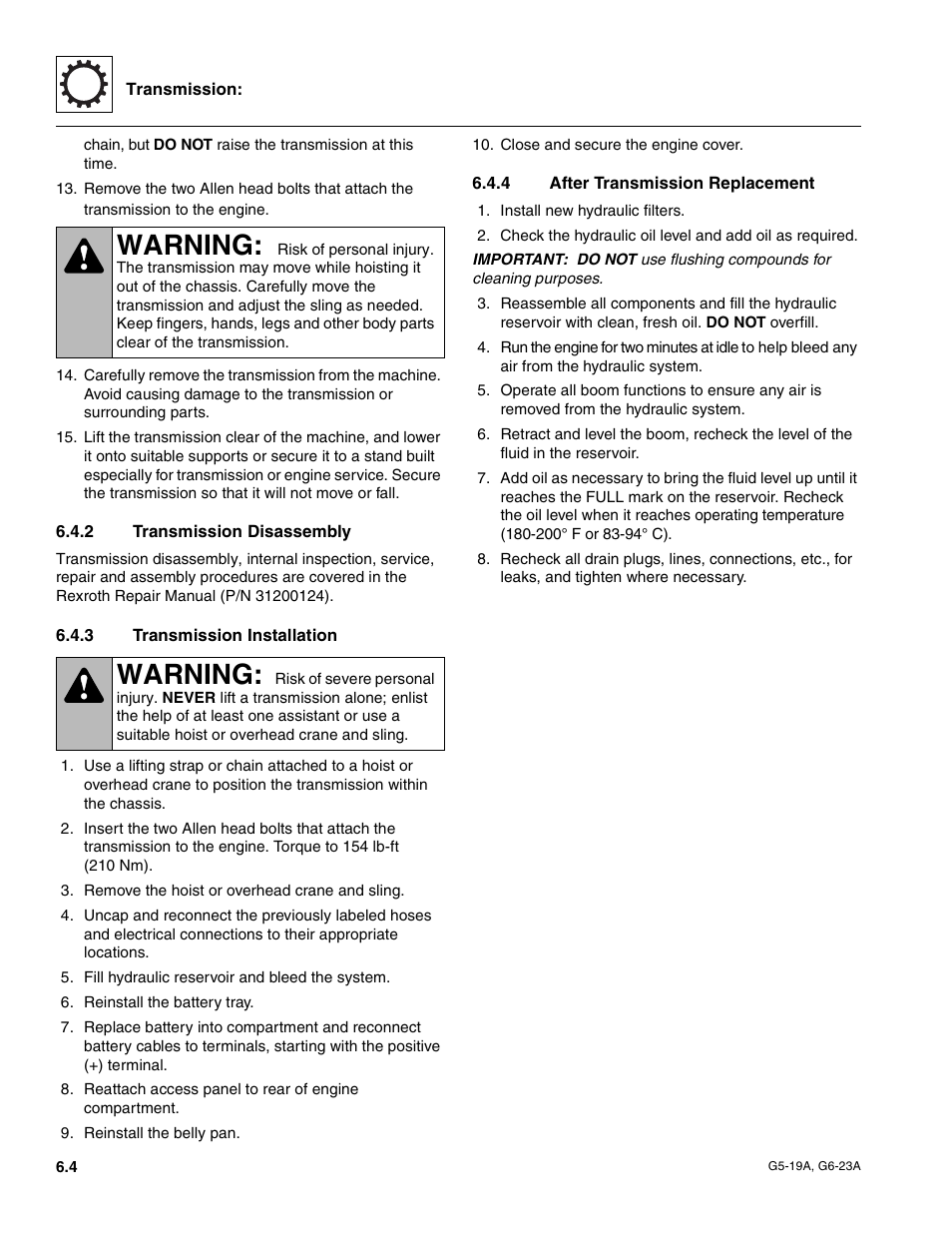 2 transmission disassembly, 3 transmission installation, 4 after transmission replacement | Transmission disassembly, Transmission installation, After transmission replacement, Warning | JLG G6-23A Service Manual User Manual | Page 58 / 122
