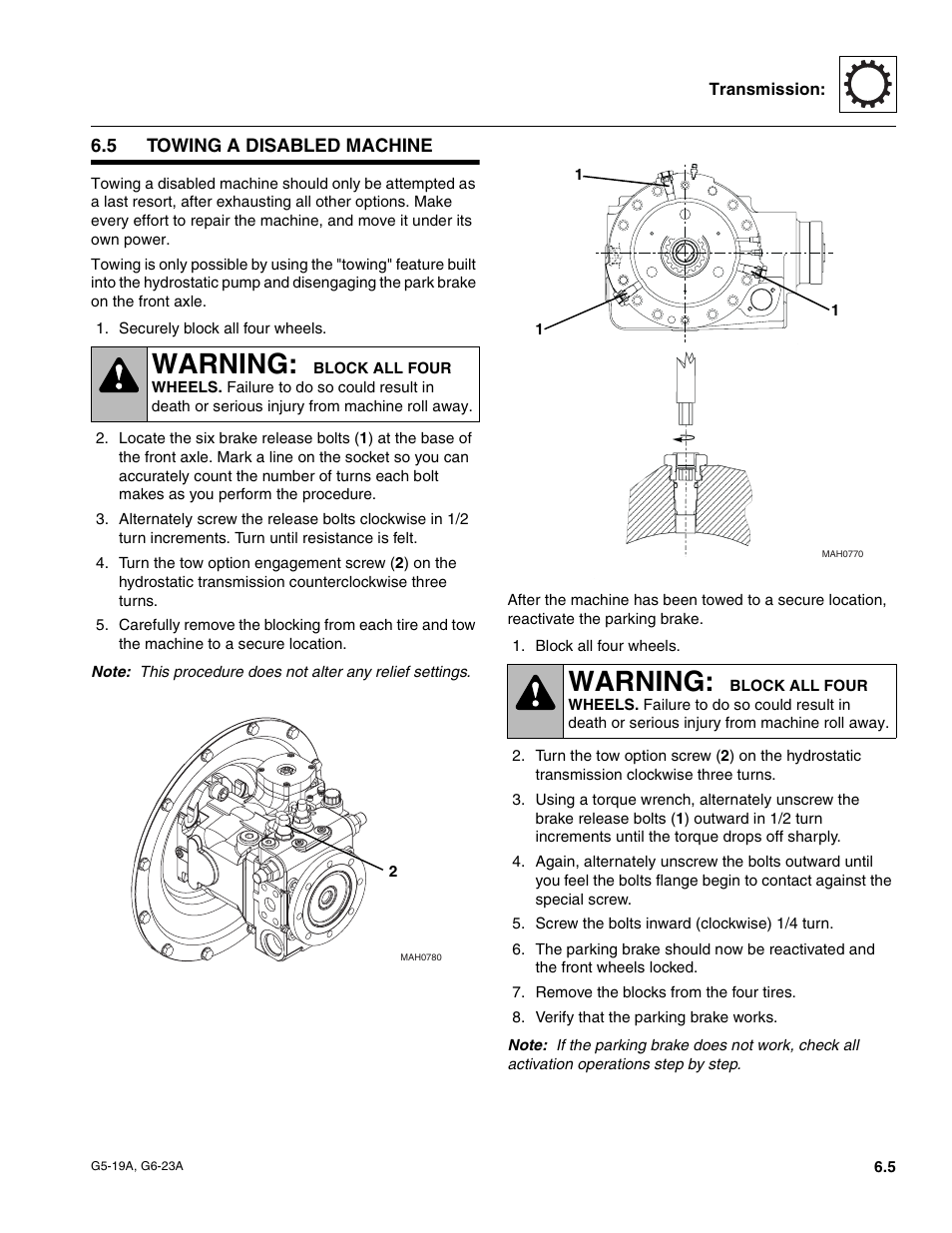 5 towing a disabled machine, Towing a disabled machine, Warning | JLG G6-23A Service Manual User Manual | Page 59 / 122