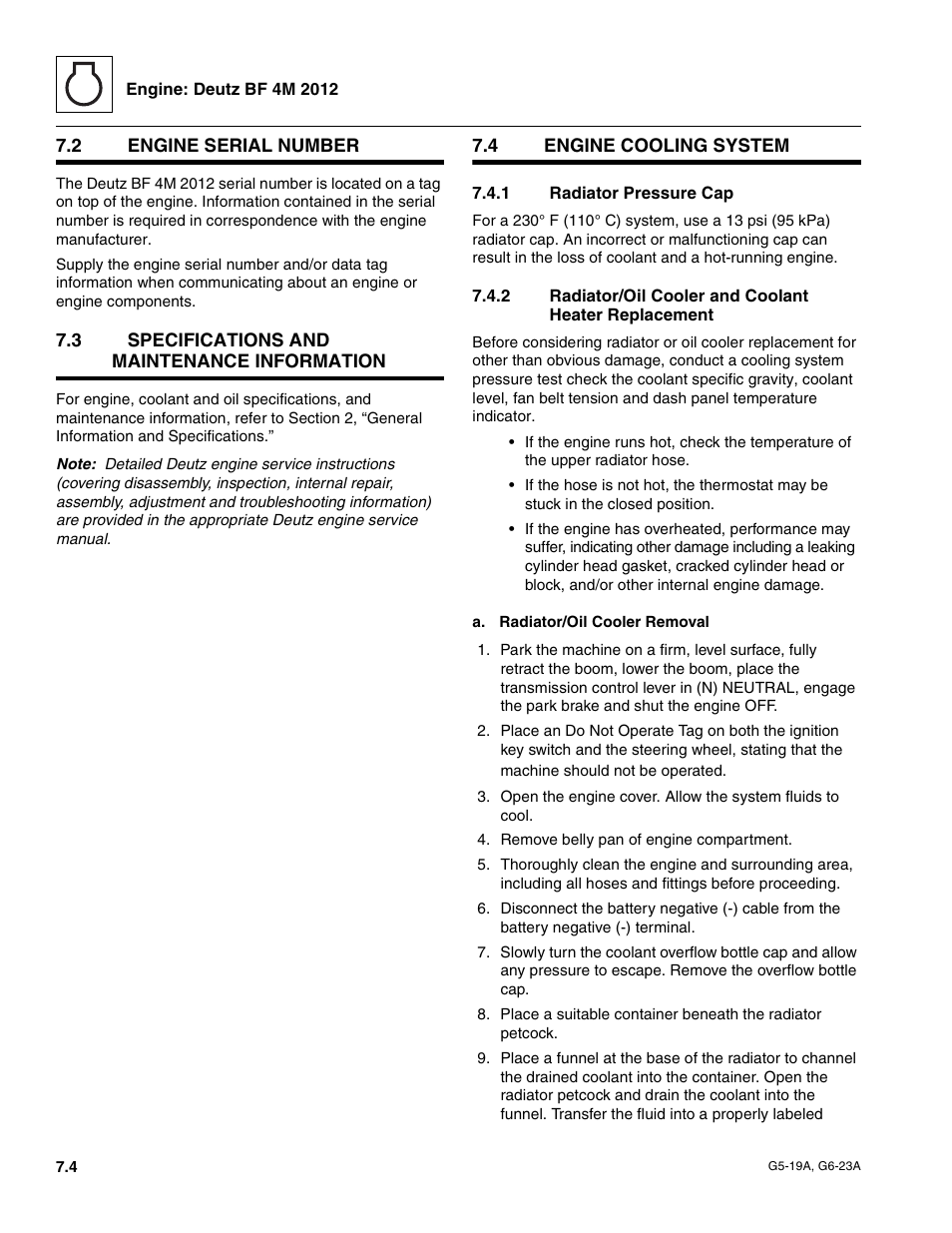 2 engine serial number, 3 specifications and maintenance information, 4 engine cooling system | 1 radiator pressure cap, Engine serial number, Specifications and maintenance information, Engine cooling system, Radiator pressure cap, Radiator/oil cooler and coolant heater replacement | JLG G6-23A Service Manual User Manual | Page 64 / 122