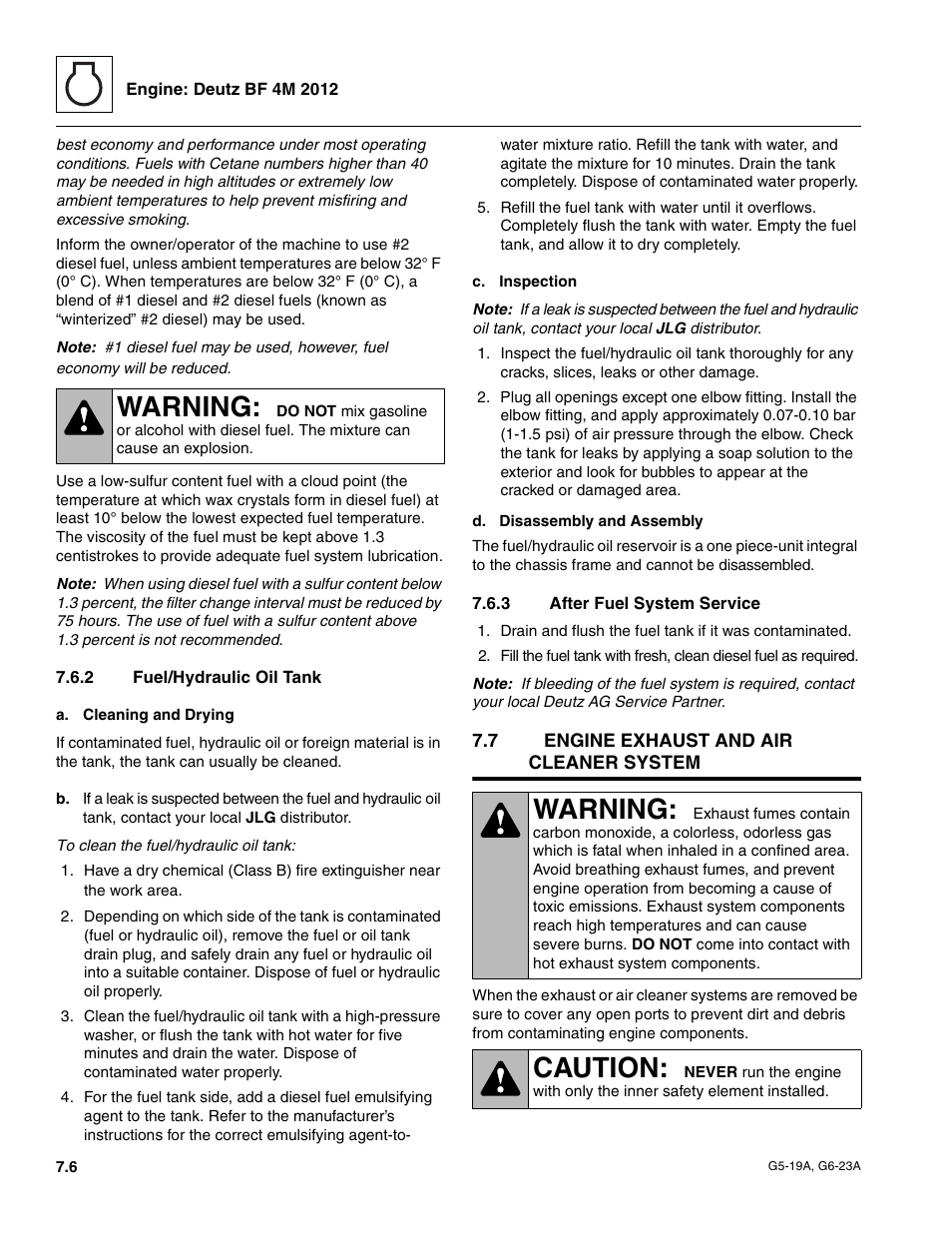 2 fuel/hydraulic oil tank, 3 after fuel system service, 7 engine exhaust and air cleaner system | Engine exhaust and air cleaner system, Fuel/hydraulic oil tank, After fuel system service, Warning, Caution | JLG G6-23A Service Manual User Manual | Page 66 / 122
