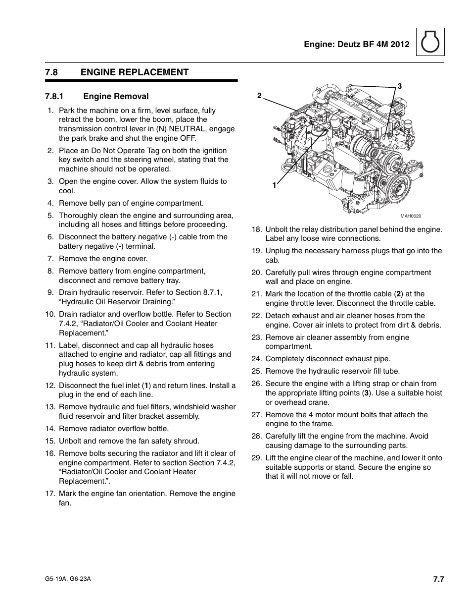 8 engine replacement, 1 engine removal, Engine replacement | Engine removal | JLG G6-23A Service Manual User Manual | Page 67 / 122