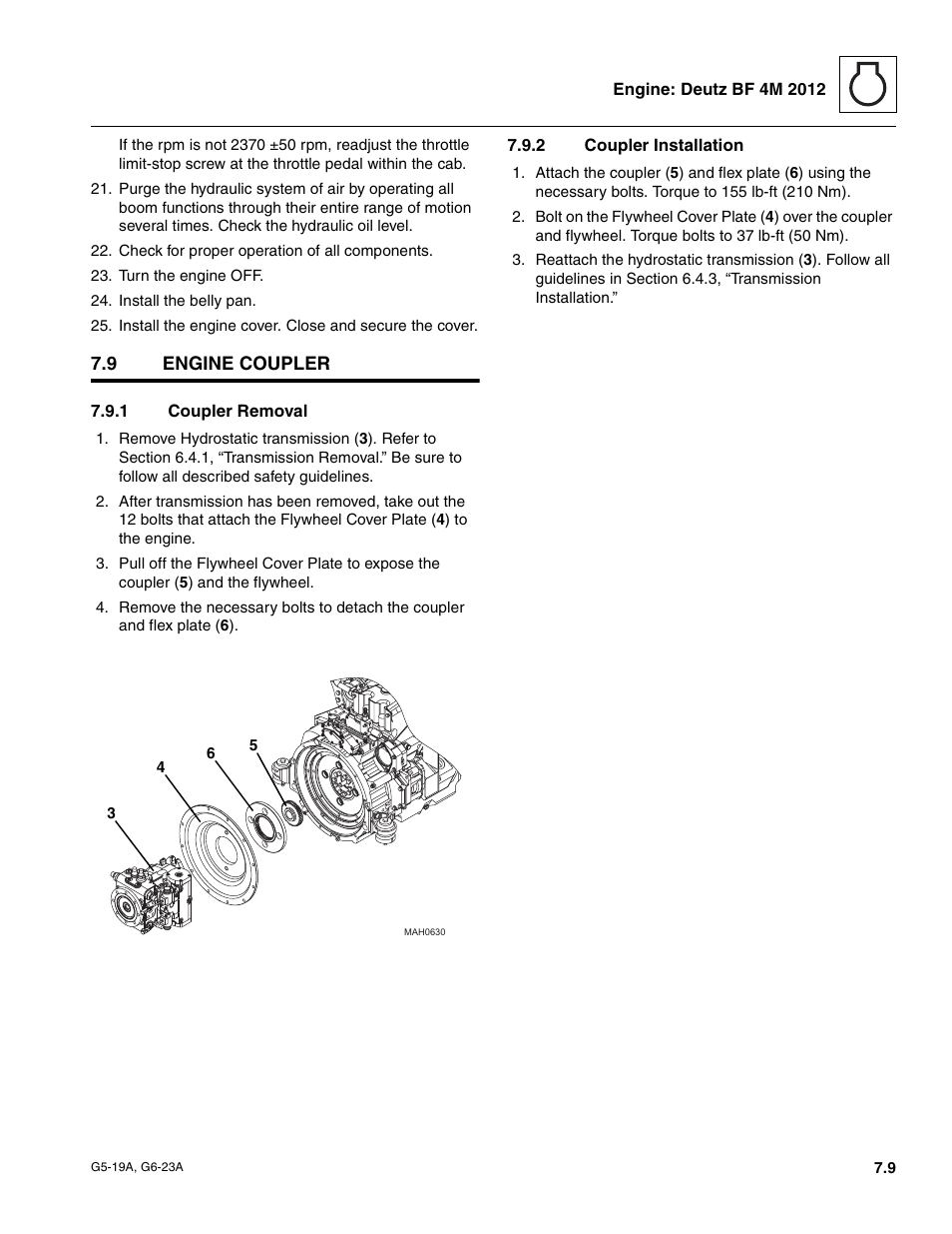 9 engine coupler, 1 coupler removal, 2 coupler installation | Engine coupler, Coupler removal, Coupler installation | JLG G6-23A Service Manual User Manual | Page 69 / 122