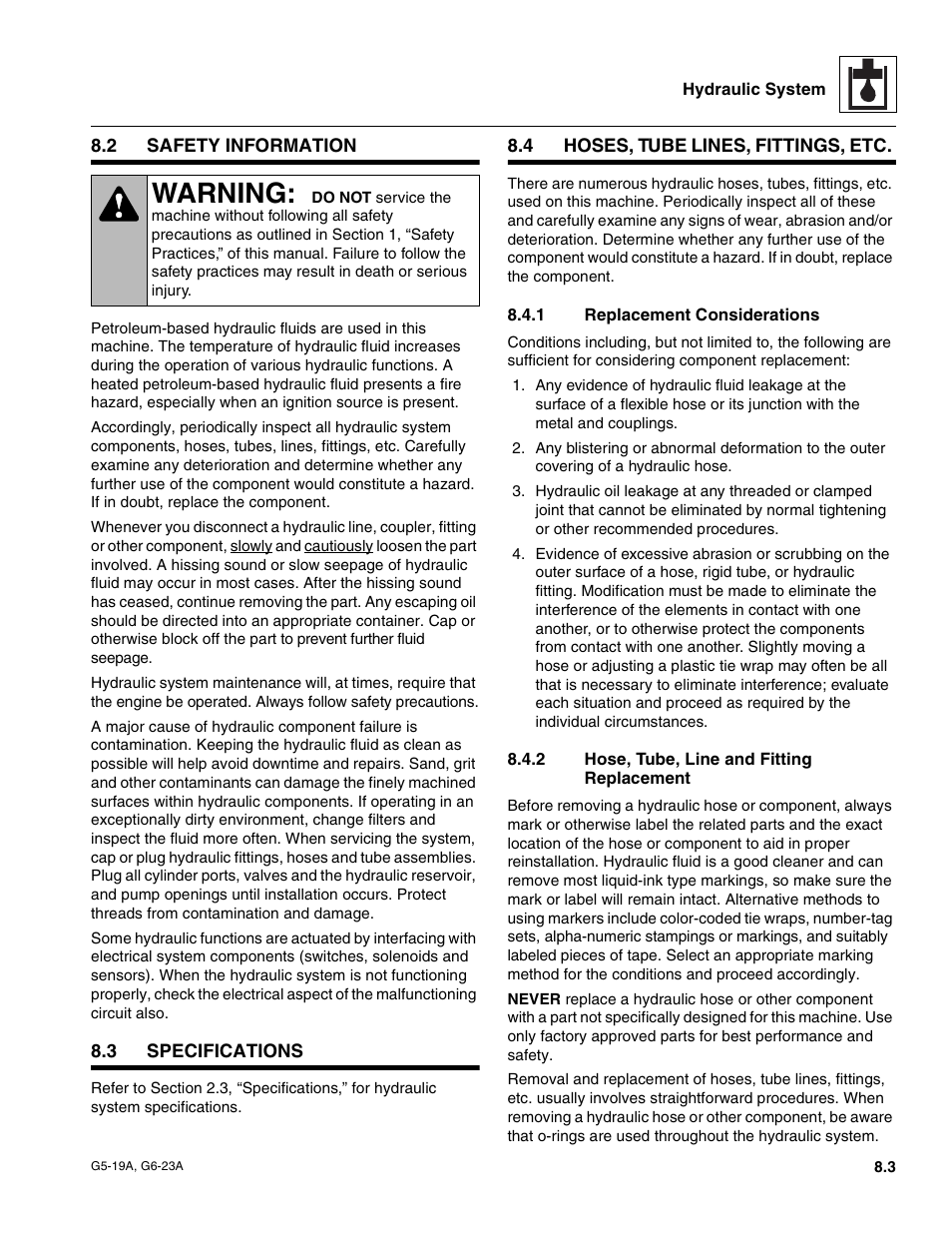 2 safety information, 3 specifications, 4 hoses, tube lines, fittings, etc | 1 replacement considerations, 2 hose, tube, line and fitting replacement, Safety information, Specifications, Hoses, tube lines, fittings, etc, Replacement considerations, Hose, tube, line and fitting replacement | JLG G6-23A Service Manual User Manual | Page 73 / 122
