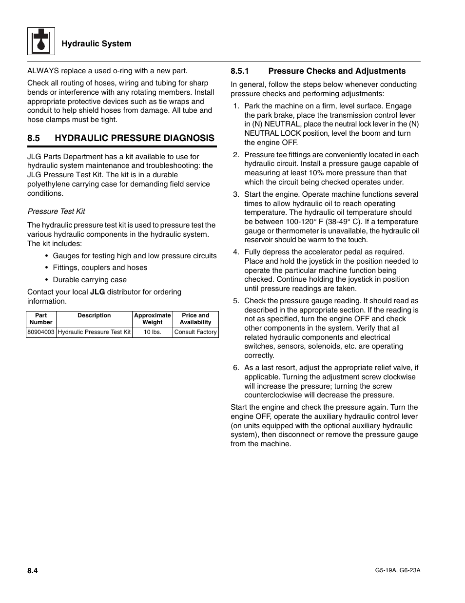 5 hydraulic pressure diagnosis, 1 pressure checks and adjustments, Hydraulic pressure diagnosis | Pressure checks and adjustments | JLG G6-23A Service Manual User Manual | Page 74 / 122