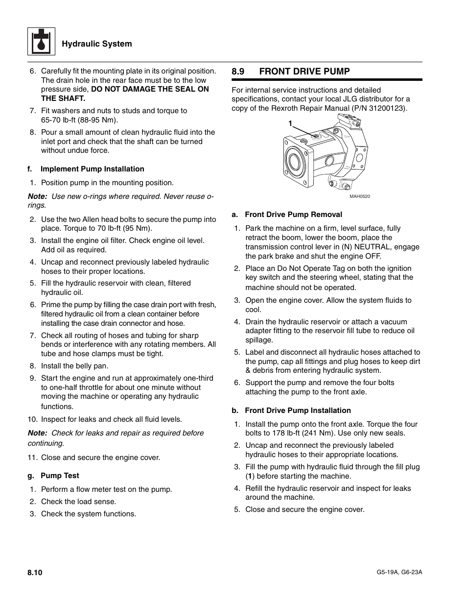 9 front drive pump, Front drive pump | JLG G6-23A Service Manual User Manual | Page 80 / 122