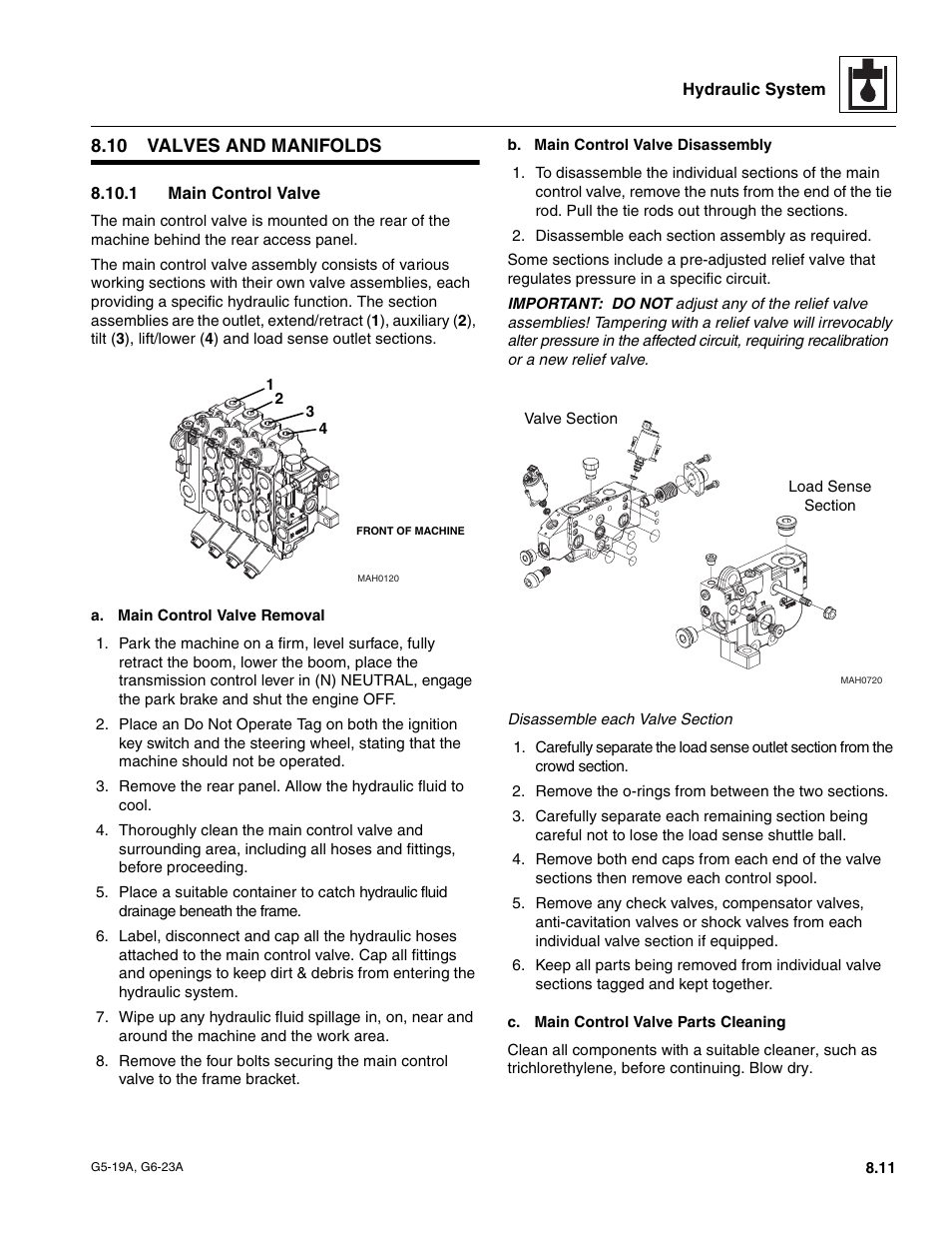 10 valves and manifolds, 1 main control valve, Valves and manifolds | Main control valve | JLG G6-23A Service Manual User Manual | Page 81 / 122