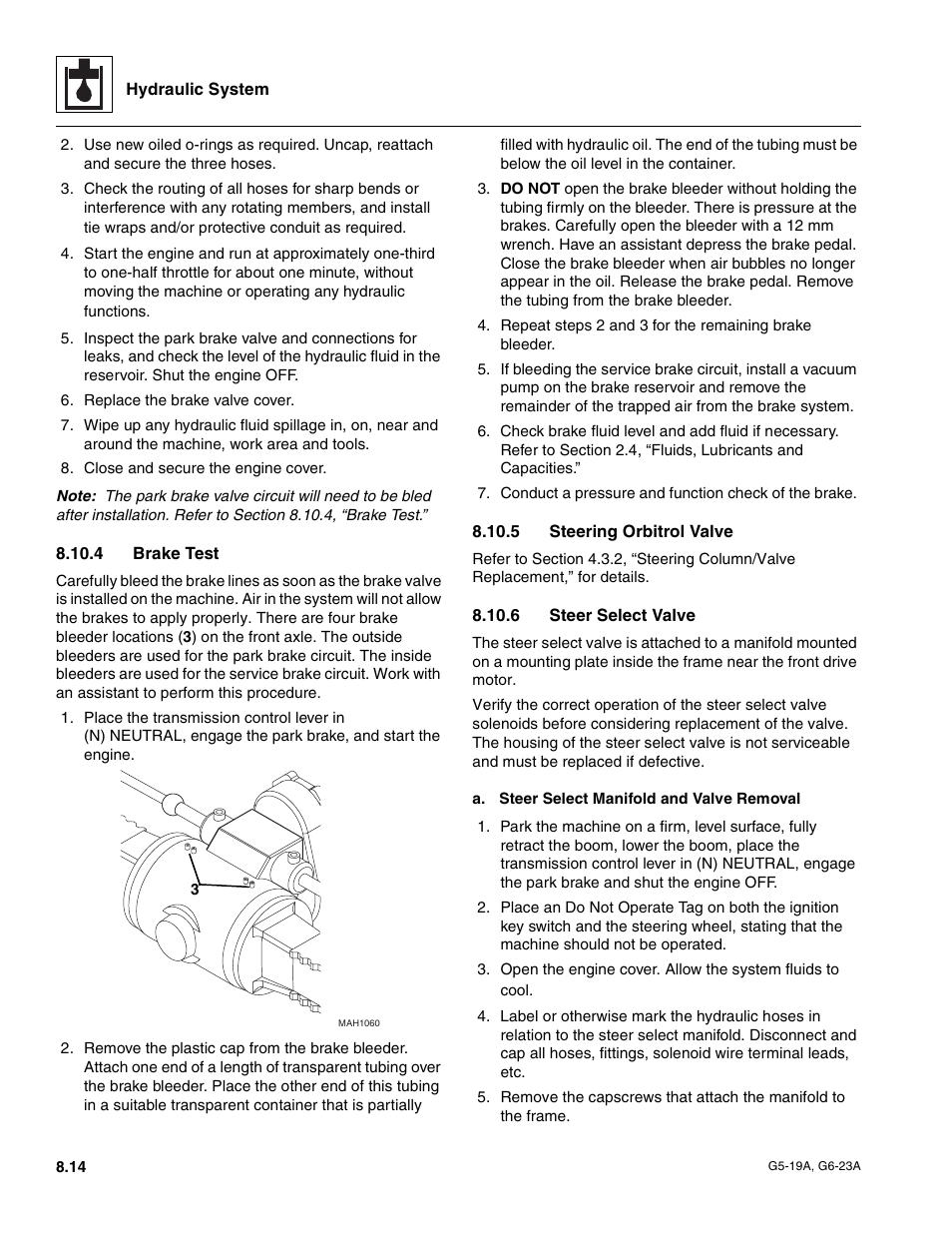4 brake test, 5 steering orbitrol valve, 6 steer select valve | To section 8.10.4, “brake test,” f, Brake test, Steering orbitrol valve, Steer select valve | JLG G6-23A Service Manual User Manual | Page 84 / 122