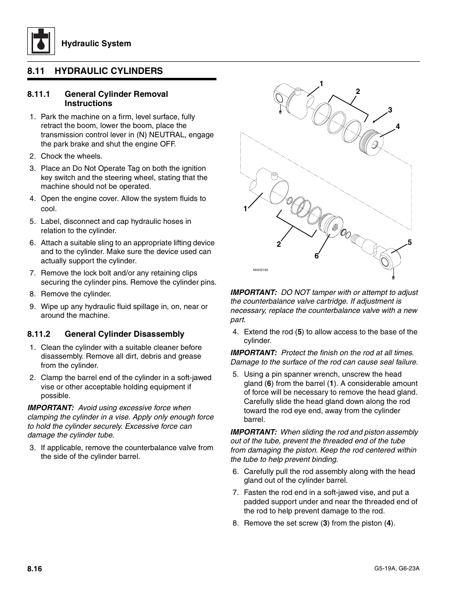 11 hydraulic cylinders, 1 general cylinder removal instructions, 2 general cylinder disassembly | Hydraulic cylinders, General cylinder removal instructions, General cylinder disassembly | JLG G6-23A Service Manual User Manual | Page 86 / 122