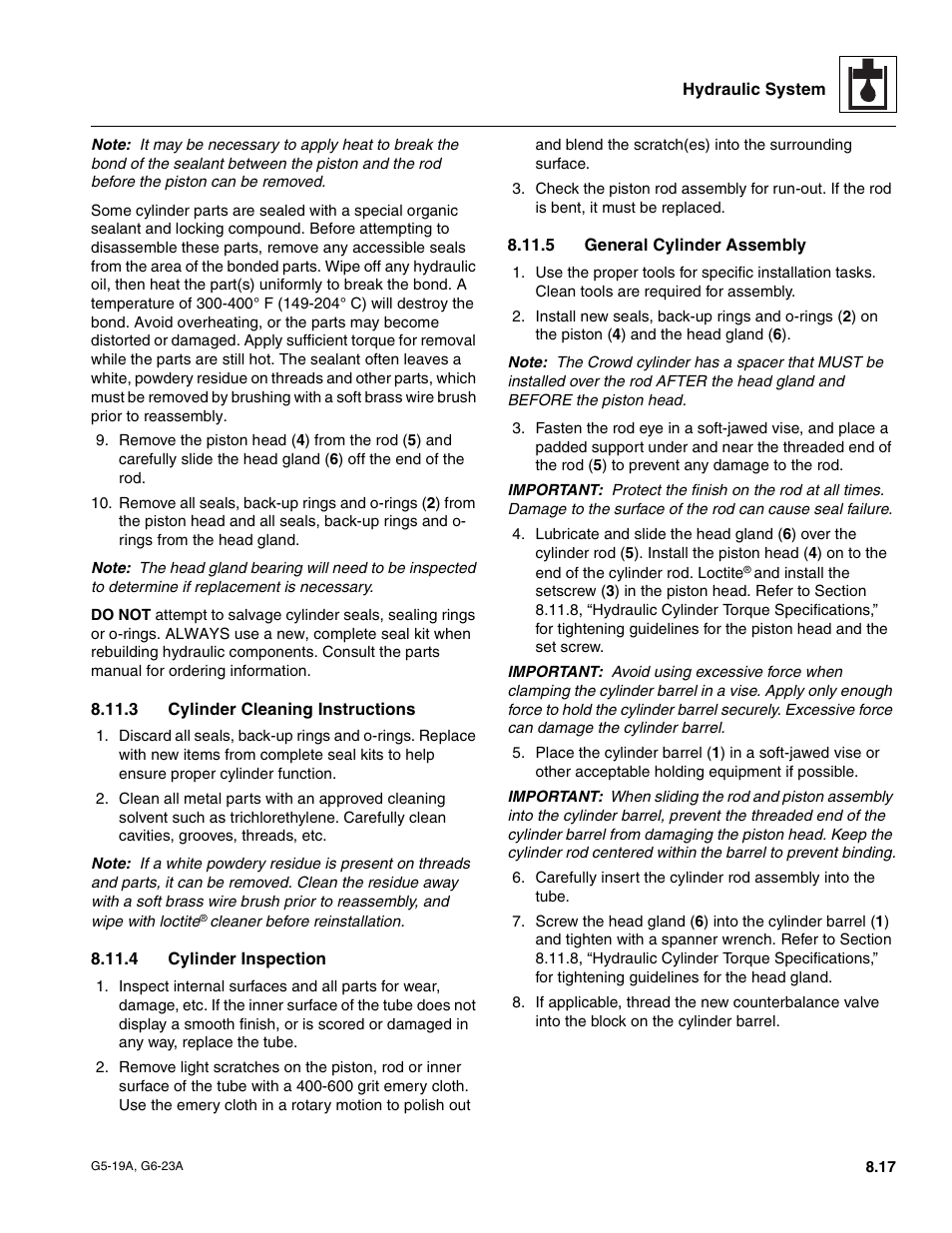 3 cylinder cleaning instructions, 4 cylinder inspection, 5 general cylinder assembly | Section, 4, “cylinder inspection, Section 8.11.4, “cylinder inspection, Cylinder cleaning instructions, Cylinder inspection, General cylinder assembly | JLG G6-23A Service Manual User Manual | Page 87 / 122