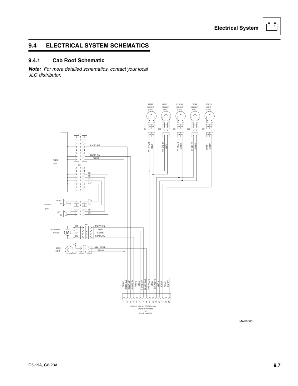 4 electrical system schematics, 1 cab roof schematic, Electrical system schematics | Cab roof schematic, Electrical system | JLG G6-23A Service Manual User Manual | Page 97 / 122