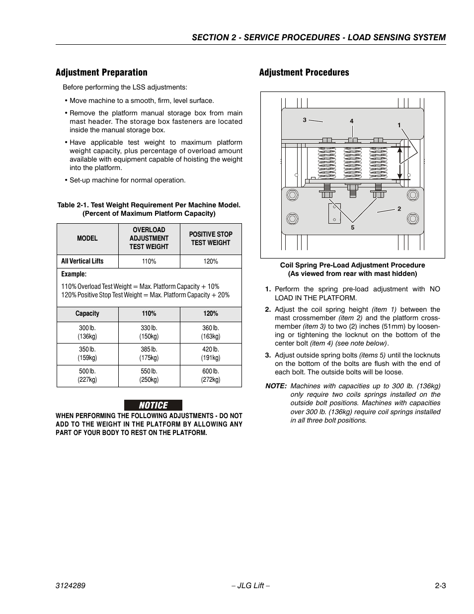 Adjustment preparation, Adjustment procedures, Adjustment preparation -3 adjustment procedures -3 | JLG LSS Verticals Operator Manual User Manual | Page 11 / 28