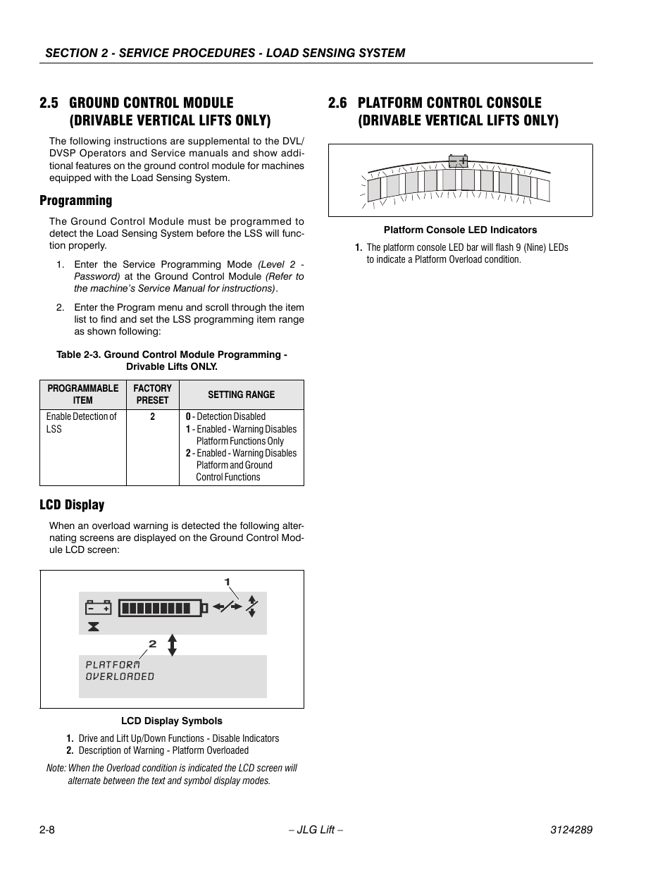 Programming, Lcd display, Programming -8 lcd display -8 | JLG LSS Verticals Operator Manual User Manual | Page 16 / 28