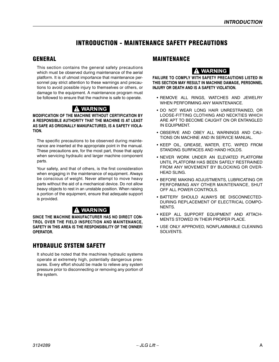 Introduction - maintenance safety precautions, General, Hydraulic system safety | Maintenance | JLG LSS Verticals Operator Manual User Manual | Page 3 / 28