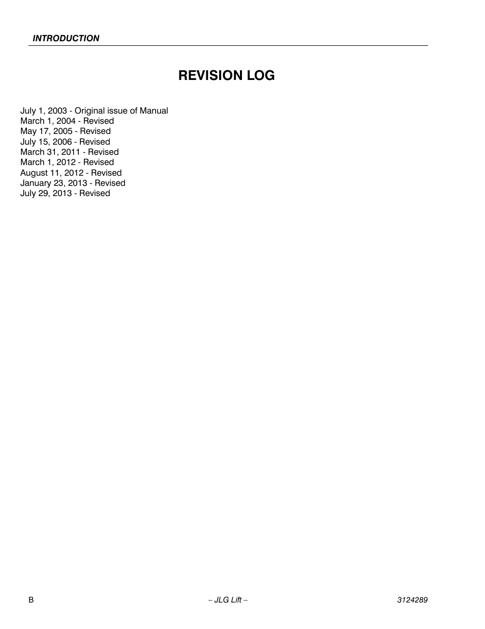 Revision log | JLG LSS Verticals Operator Manual User Manual | Page 4 / 28