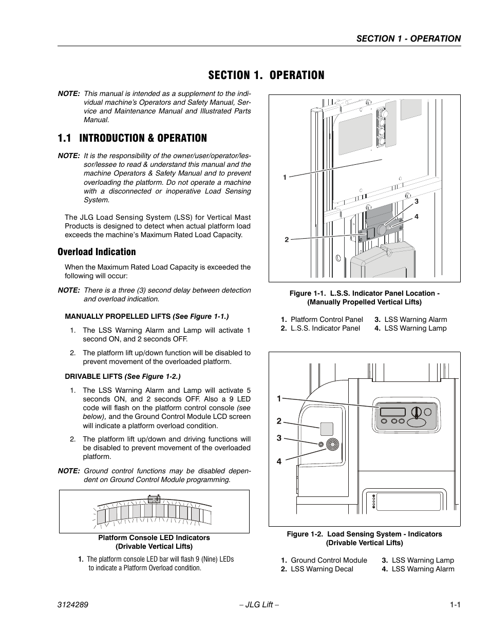 Section 1. operation, 1 introduction & operation, Overload indication | Section 1 - operation, 1 introduction & operation -1, Overload indication -1 | JLG LSS Verticals Operator Manual User Manual | Page 7 / 28