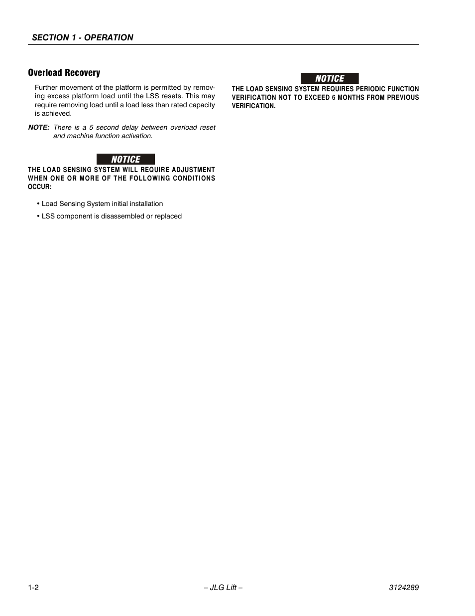 Overload recovery, Overload recovery -2 | JLG LSS Verticals Operator Manual User Manual | Page 8 / 28