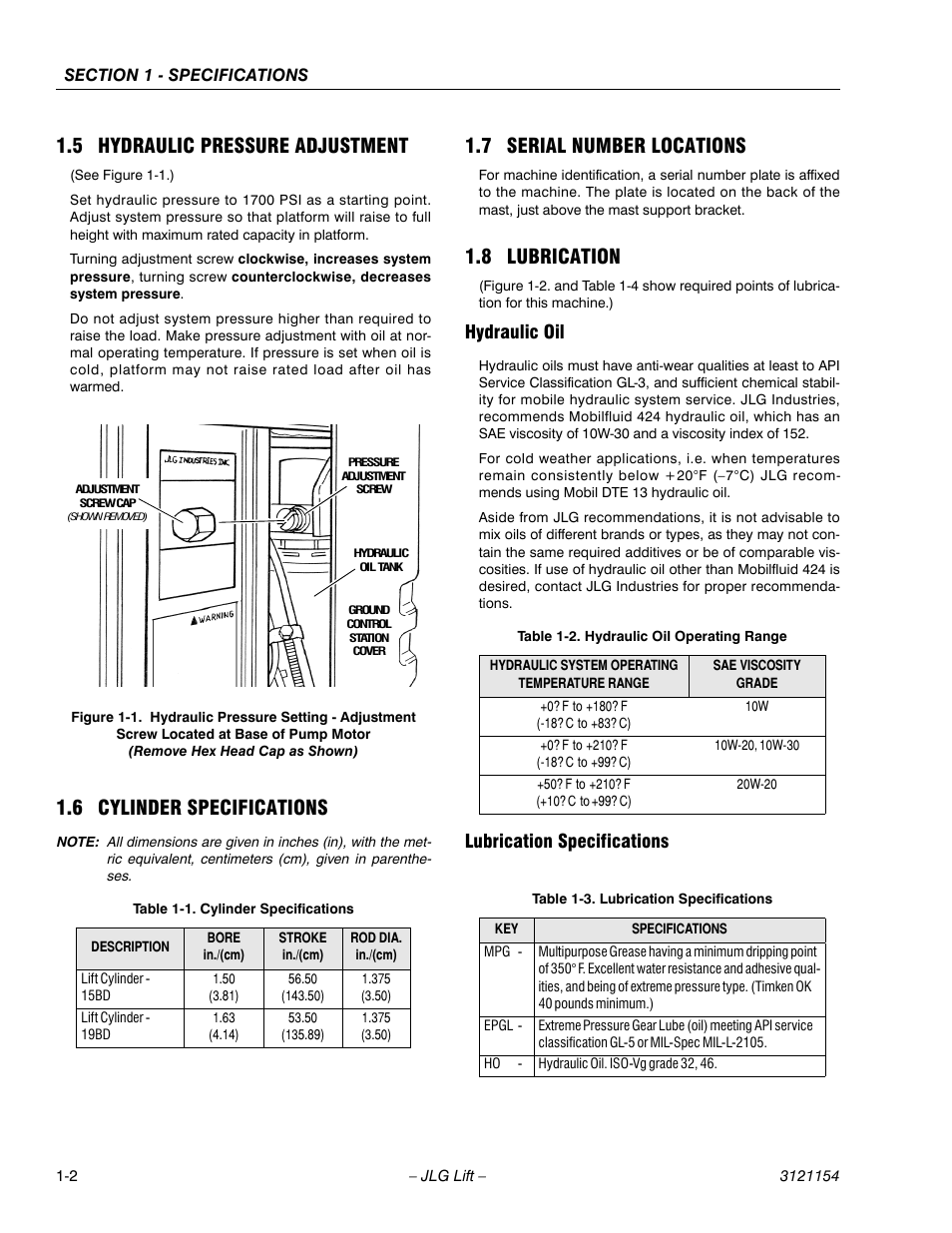 5 hydraulic pressure adjustment, 6 cylinder specifications, 7 serial number locations | 8 lubrication, Hydraulic oil, Lubrication specifications, Hydraulic oil -2 lubrication specifications -2, Cylinder specifications -2, Hydraulic oil operating range -2, Lubrication specifications -2 | JLG 19BD Service Manual User Manual | Page 14 / 86