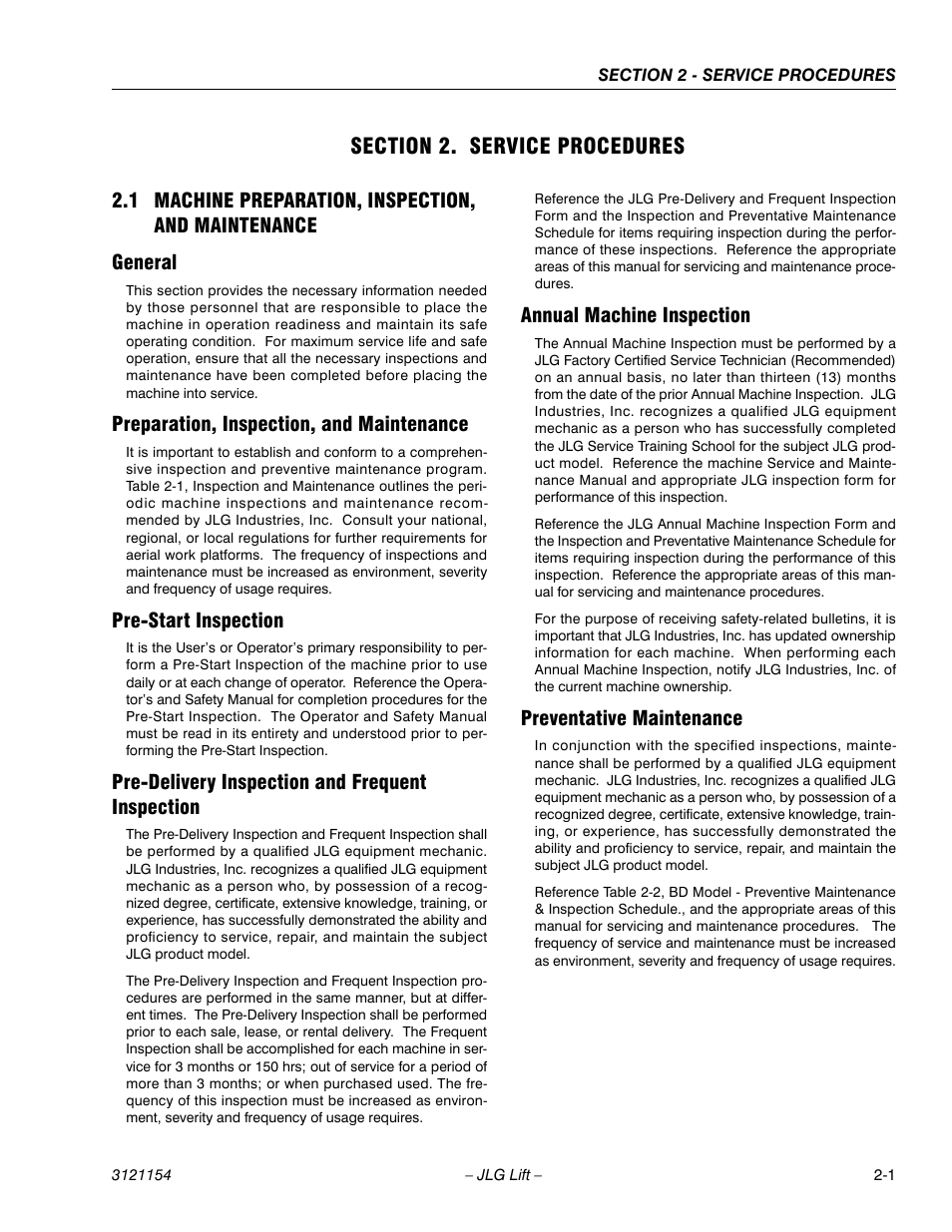 Section 2. service procedures, 1 machine preparation, inspection, and maintenance, General | Preparation, inspection, and maintenance, Pre-start inspection, Pre-delivery inspection and frequent inspection, Annual machine inspection, Preventative maintenance, Section 2 - service procedures | JLG 19BD Service Manual User Manual | Page 23 / 86