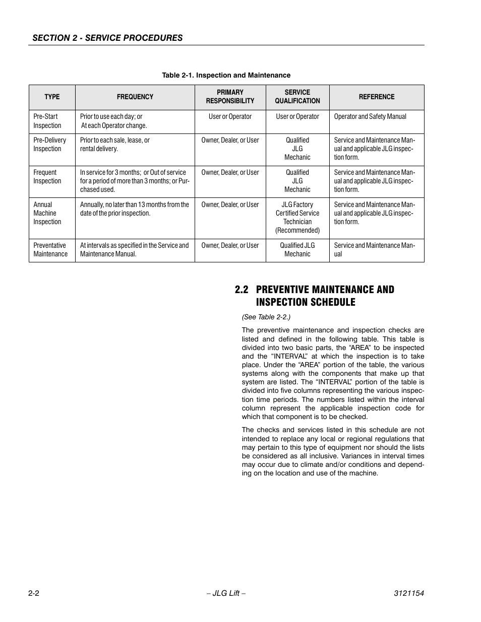 2 preventive maintenance and inspection schedule, Inspection and maintenance -2 | JLG 19BD Service Manual User Manual | Page 24 / 86