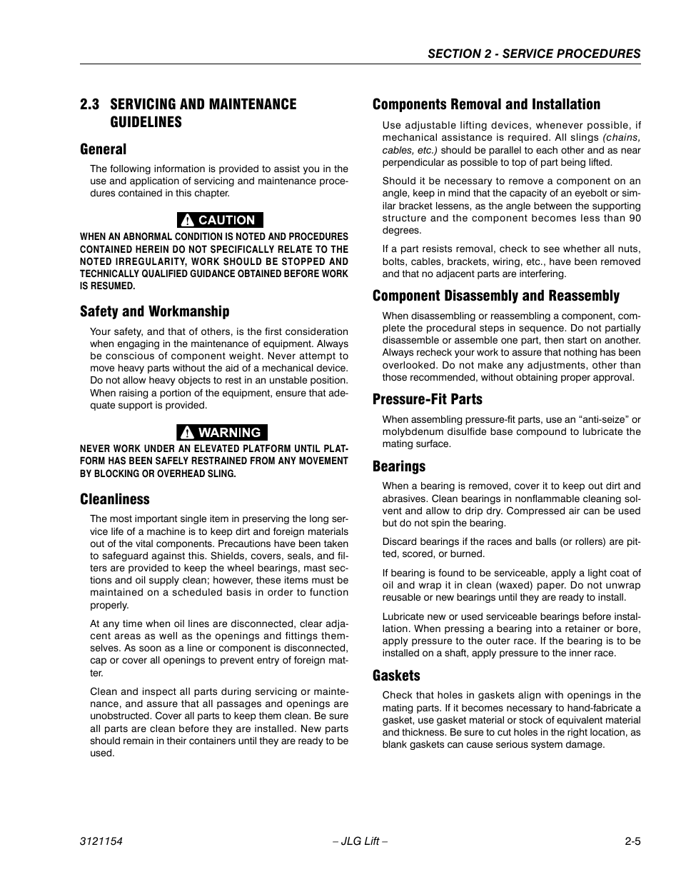 3 servicing and maintenance guidelines, General, Safety and workmanship | Cleanliness, Components removal and installation, Component disassembly and reassembly, Pressure-fit parts, Bearings, Gaskets, 3 servicing and maintenance guidelines -5 | JLG 19BD Service Manual User Manual | Page 27 / 86
