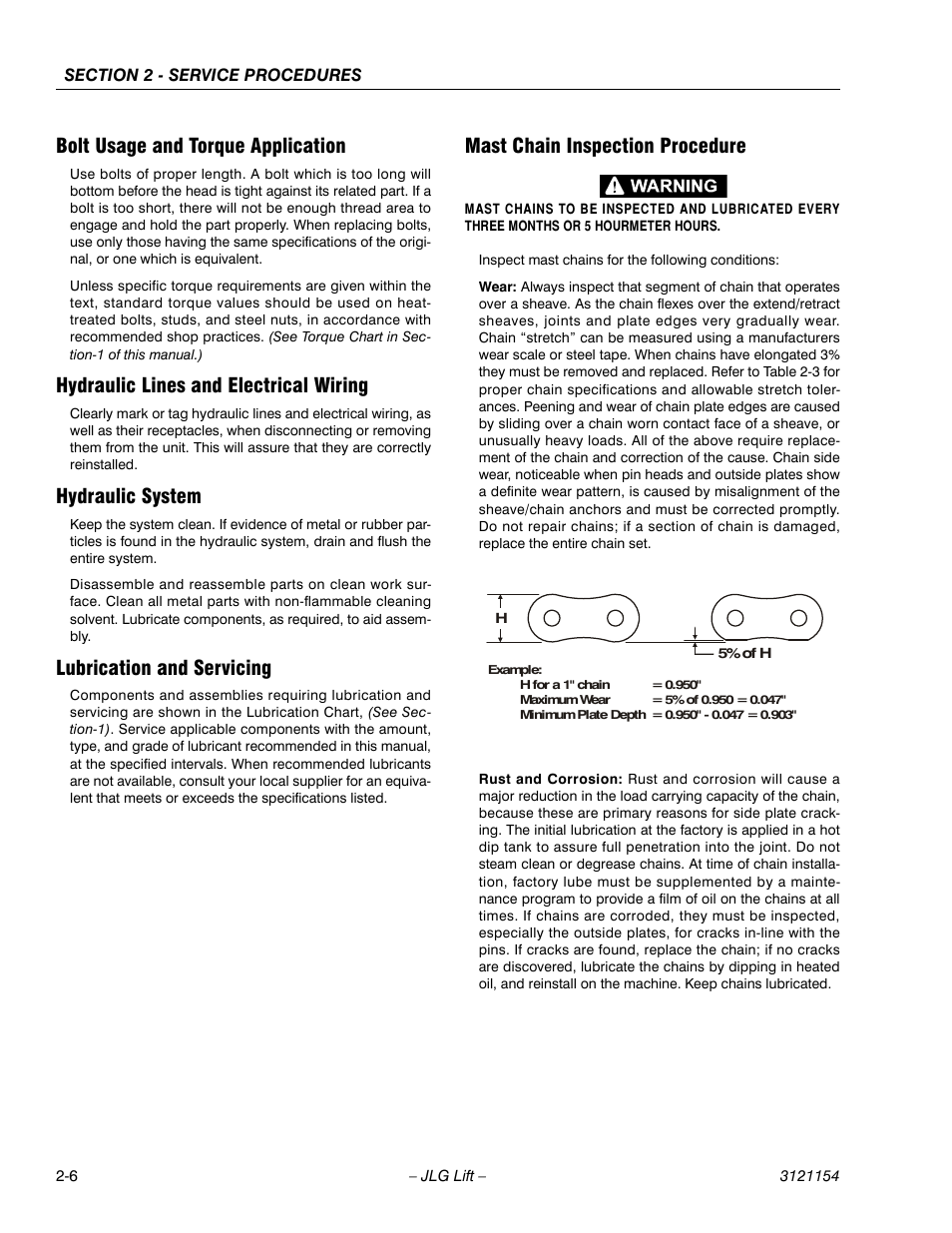 Bolt usage and torque application, Hydraulic lines and electrical wiring, Hydraulic system | Lubrication and servicing, Mast chain inspection procedure | JLG 19BD Service Manual User Manual | Page 28 / 86