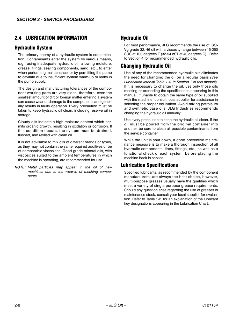 4 lubrication information, Hydraulic system, Hydraulic oil | Changing hydraulic oil, Lubrication specifications, 4 lubrication information -8, Lubrication specifications -8, 4 lubrication information hydraulic system | JLG 19BD Service Manual User Manual | Page 30 / 86