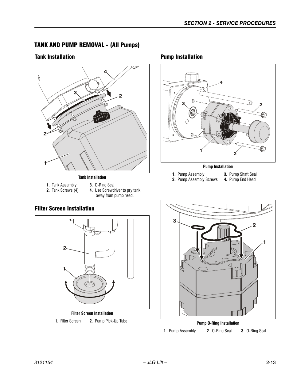 Tank and pump removal - (all pumps), Tank installation, Filter screen installation | Pump installation | JLG 19BD Service Manual User Manual | Page 35 / 86