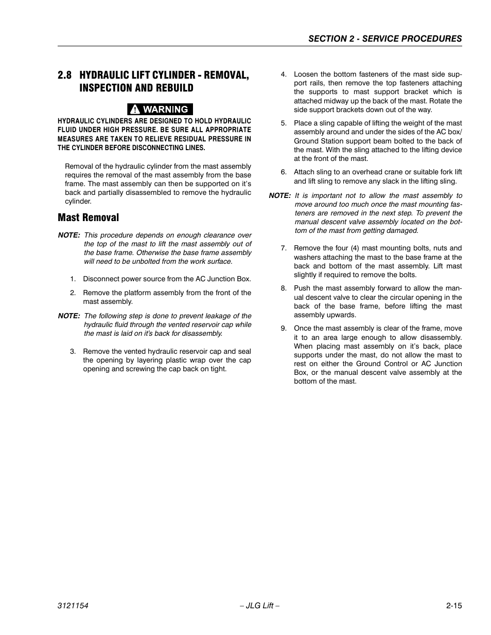 Mast removal, Mast removal -15 | JLG 19BD Service Manual User Manual | Page 37 / 86