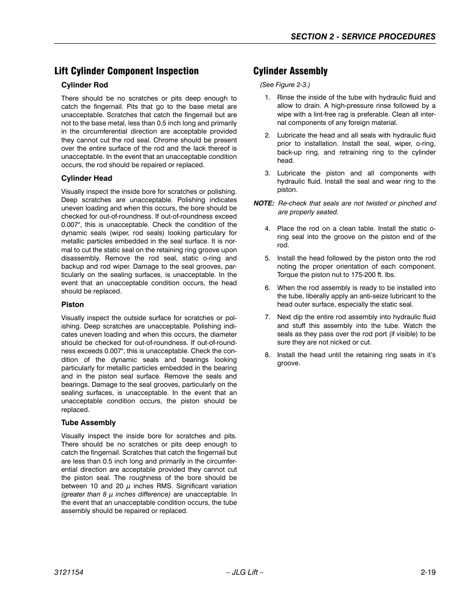Lift cylinder component inspection, Cylinder assembly | JLG 19BD Service Manual User Manual | Page 41 / 86