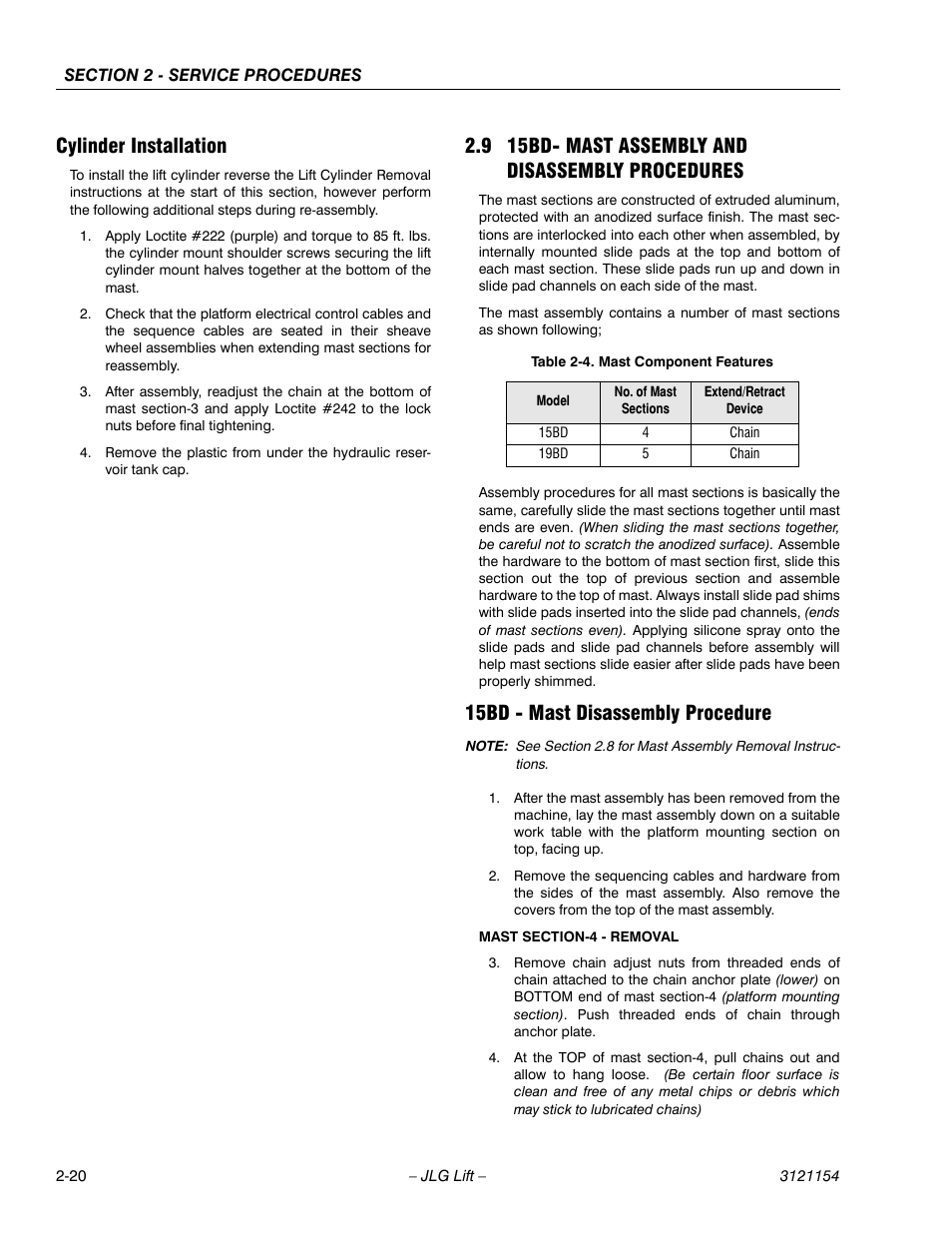 Cylinder installation, 9 15bd- mast assembly and disassembly procedures, 15bd - mast disassembly procedure | Cylinder installation -20, 15bd - mast disassembly procedure -20, Mast component features -20 | JLG 19BD Service Manual User Manual | Page 42 / 86