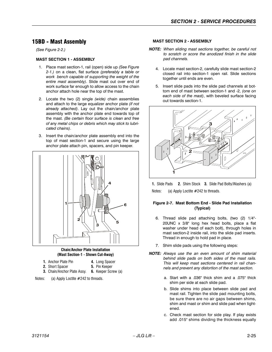 15bd - mast assembly, 15bd - mast assembly -25, Mast bottom end - slide pad installation -25 | JLG 19BD Service Manual User Manual | Page 47 / 86