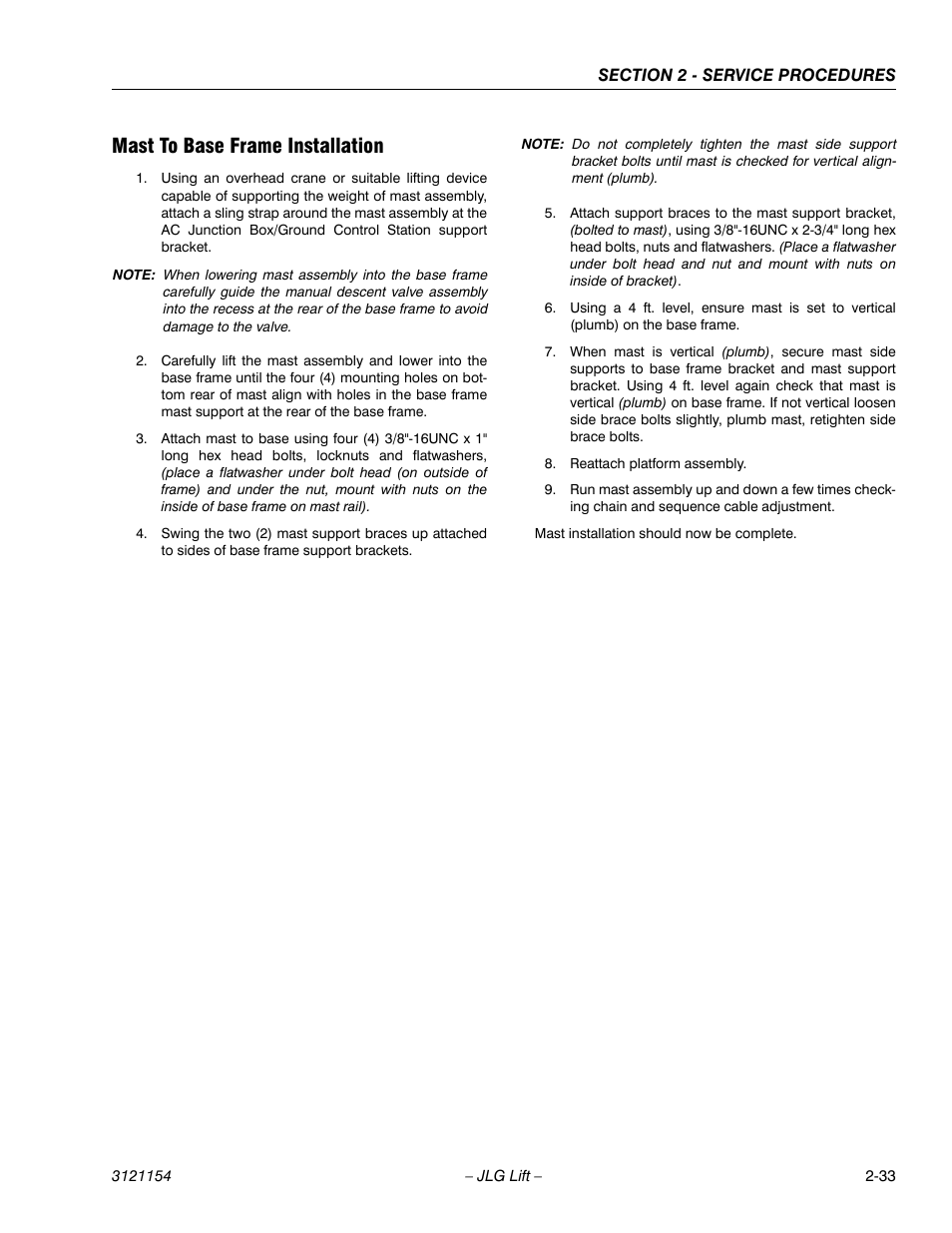 Mast to base frame installation, Mast to base frame installation -33 | JLG 19BD Service Manual User Manual | Page 55 / 86