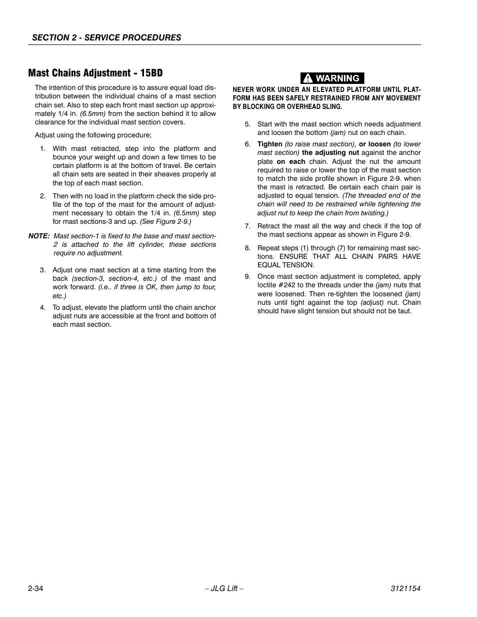 Mast chains adjustment - 15bd, Mast chains adjustment - 15bd -34 | JLG 19BD Service Manual User Manual | Page 56 / 86