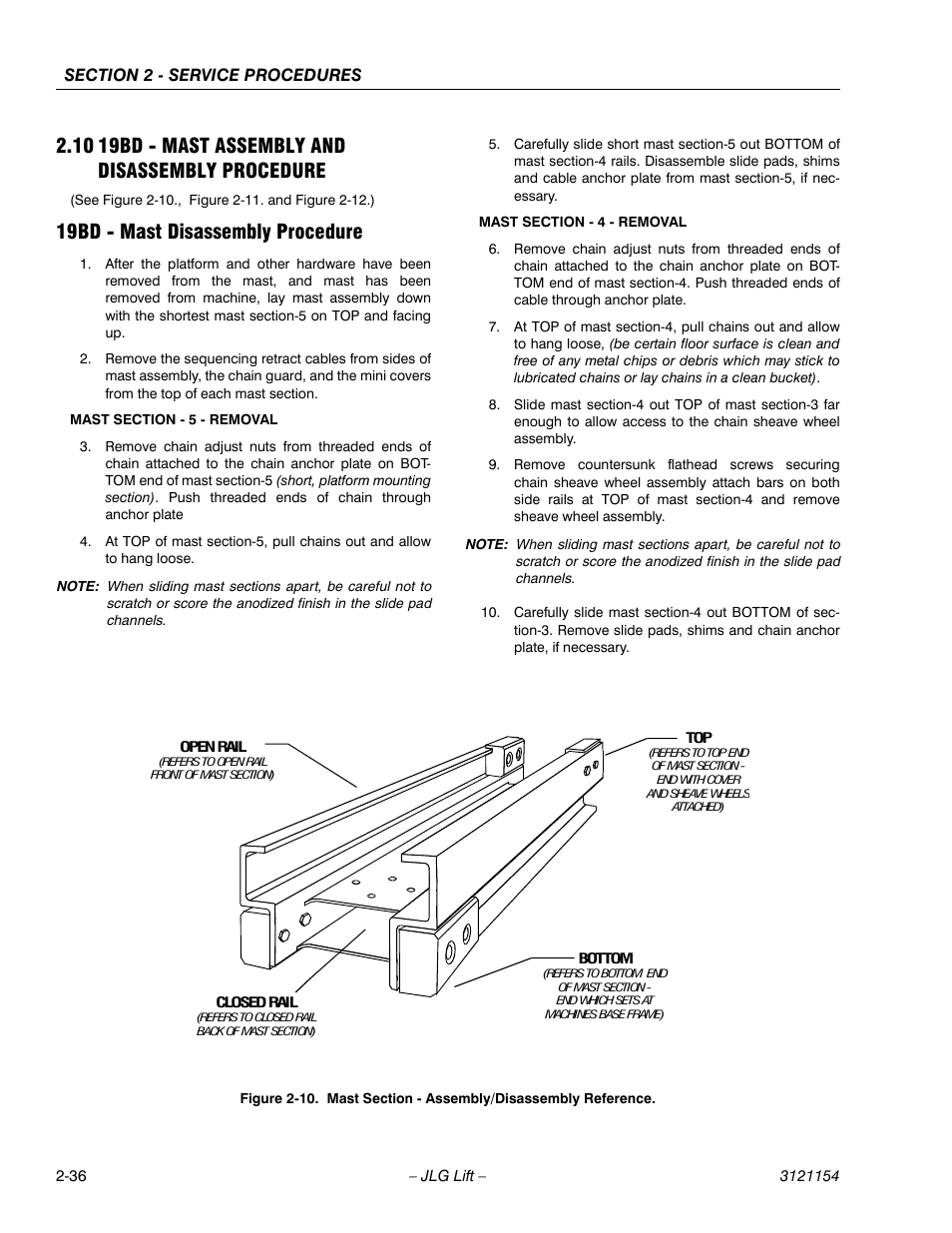 10 19bd - mast assembly and disassembly procedure, 19bd - mast disassembly procedure, 19bd - mast disassembly procedure -36 | Mast section - assembly/disassembly reference -36 | JLG 19BD Service Manual User Manual | Page 58 / 86