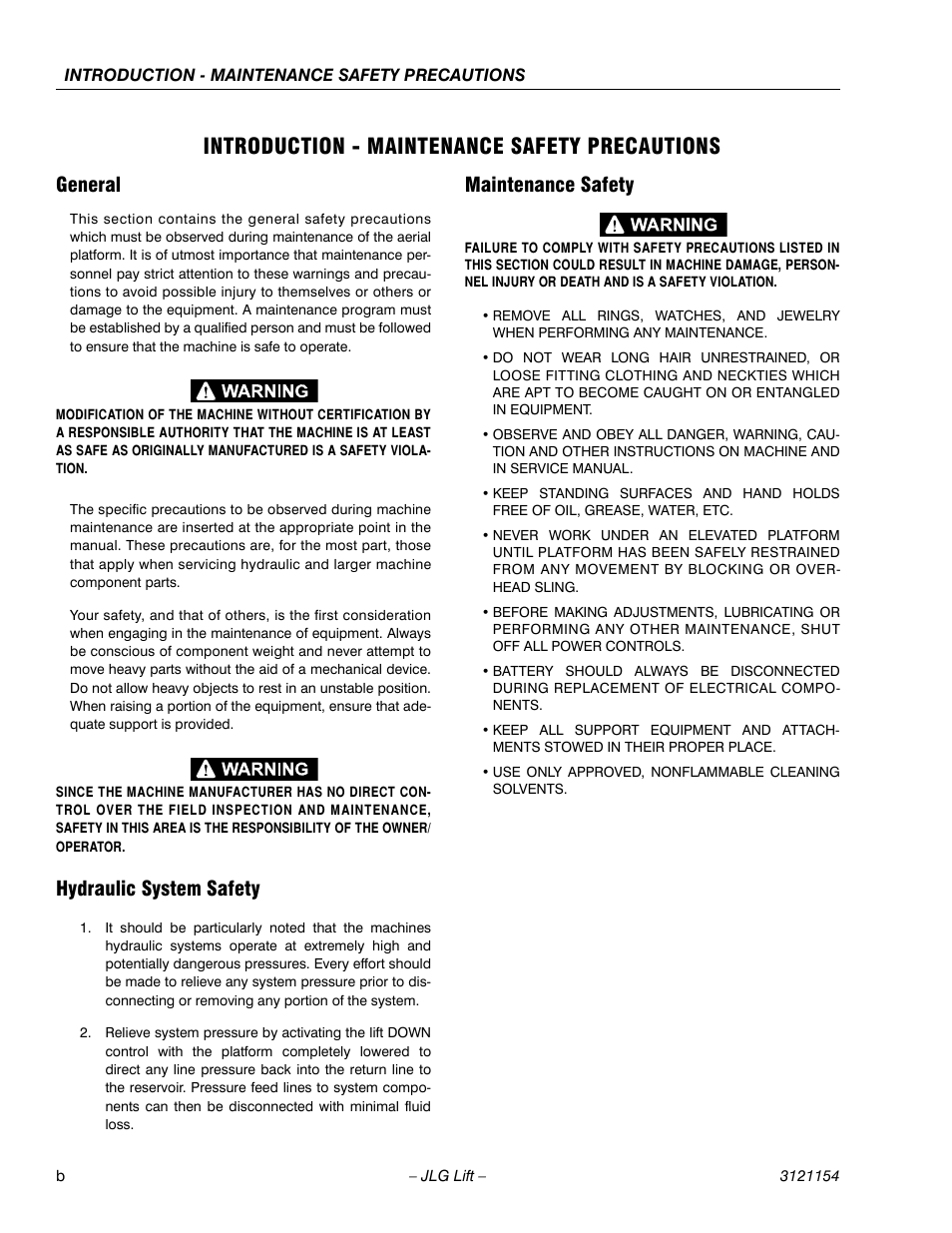 Introduction - maintenance safety precautions, General, Hydraulic system safety | Maintenance safety | JLG 19BD Service Manual User Manual | Page 6 / 86