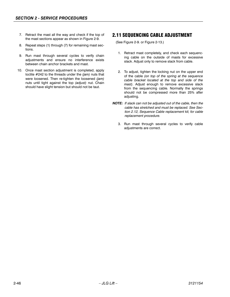 11 sequencing cable adjustment, 11 sequencing cable adjustment -46 | JLG 19BD Service Manual User Manual | Page 68 / 86