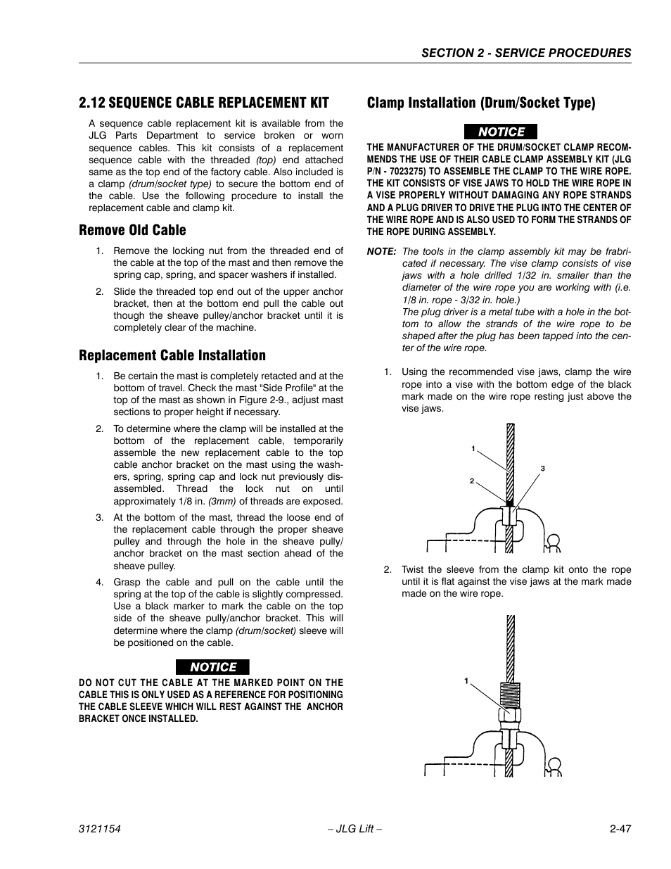 12 sequence cable replacement kit, Remove old cable, Replacement cable installation | Clamp installation (drum/socket type), 12 sequence cable replacement kit -47 | JLG 19BD Service Manual User Manual | Page 69 / 86