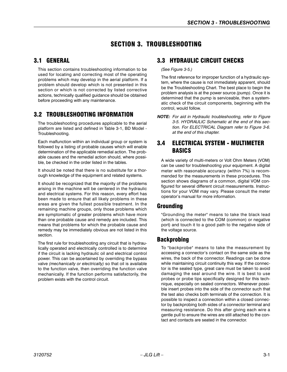 Section 3. troubleshooting, 1 general, 2 troubleshooting information | 3 hydraulic circuit checks, 4 electrical system - multimeter basics, Grounding, Backprobing, Section 3 - troubleshooting, Grounding -1 backprobing -1 | JLG 19BD Service Manual User Manual | Page 71 / 86