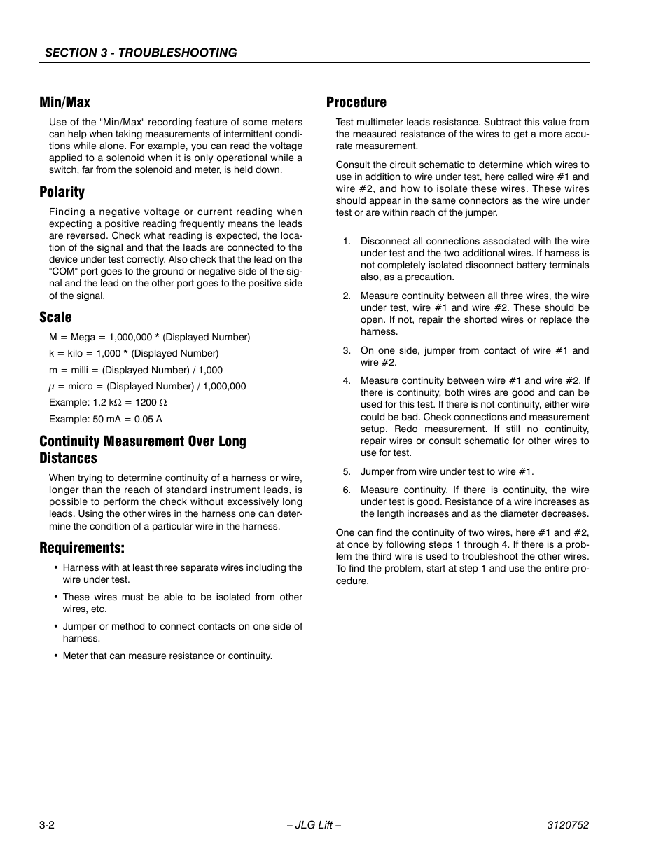 Min/max, Polarity, Scale | Continuity measurement over long distances, Requirements, Procedure | JLG 19BD Service Manual User Manual | Page 72 / 86