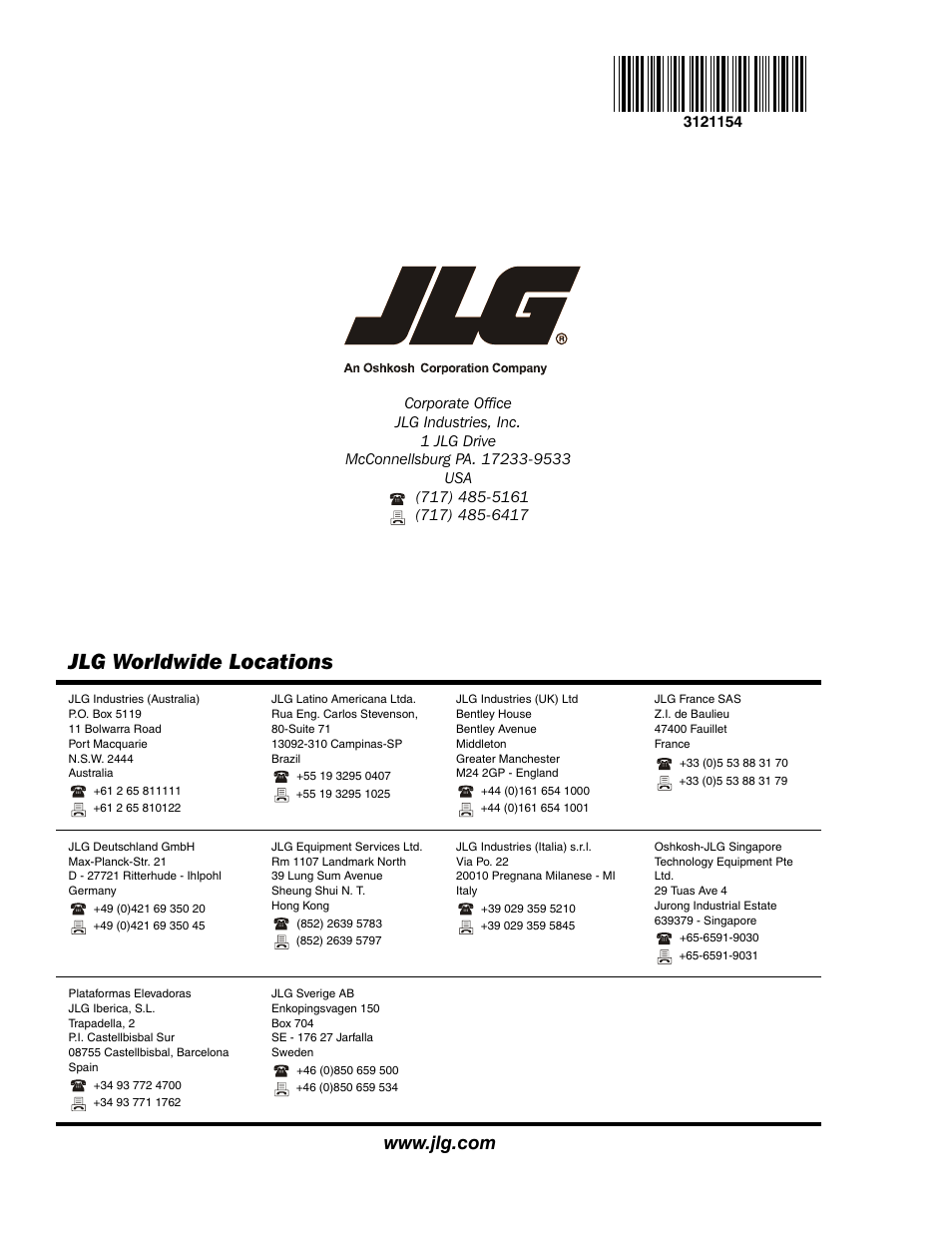 Jlg worldwide locations | JLG 19BD Service Manual User Manual | Page 86 / 86